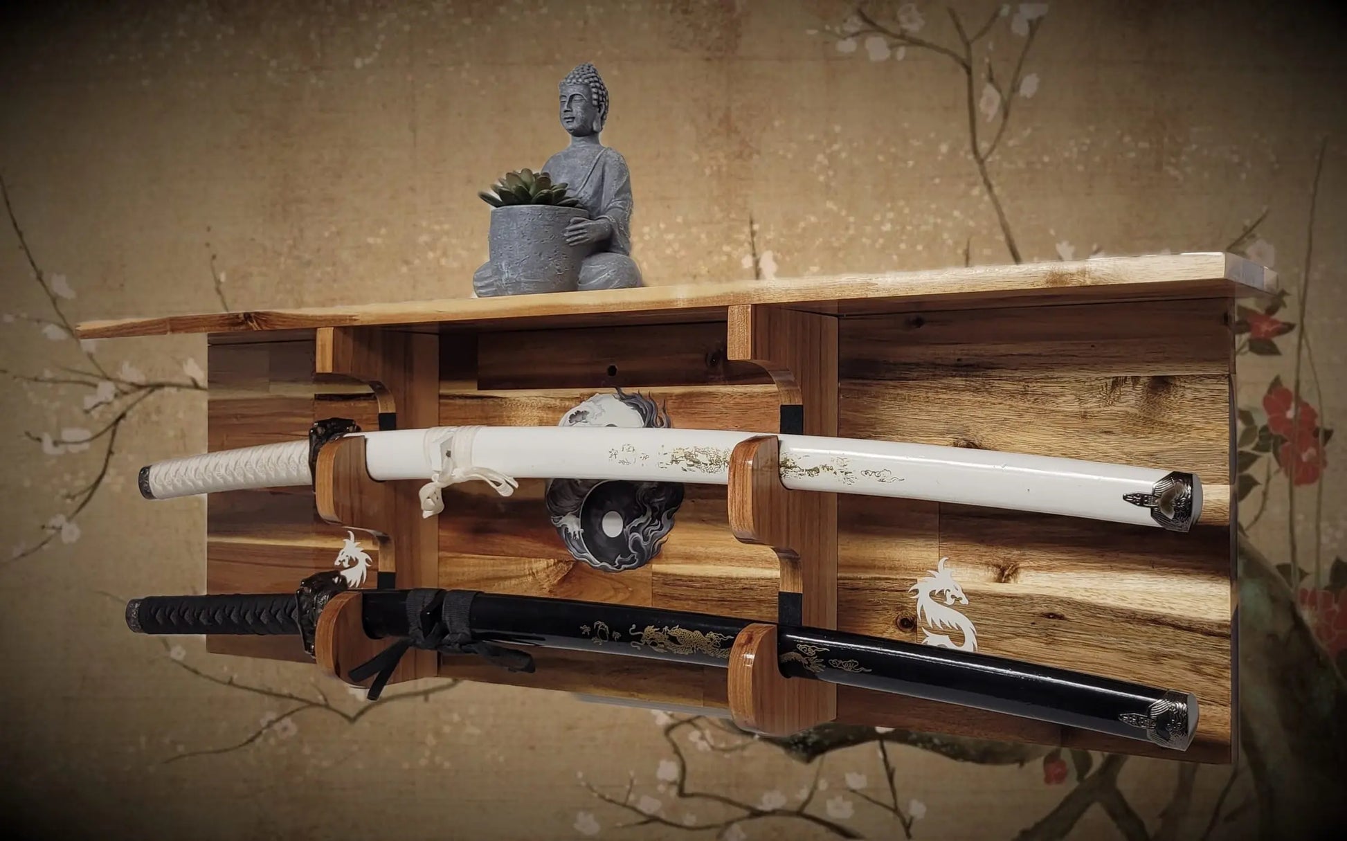 Walker Wood Gifts sword display Traditional 2-Tier Acacia Katana Wall Display Shelf with Yin Yang & White Dragons
