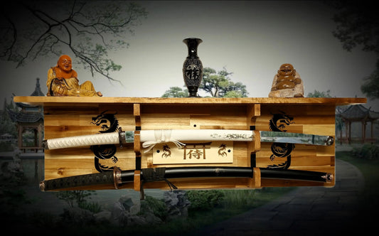 Walker Wood Gifts sword display Traditional 2 Tier Katana Acacia Wall Shelf Bushido Code Black Dragon Dojo Gift