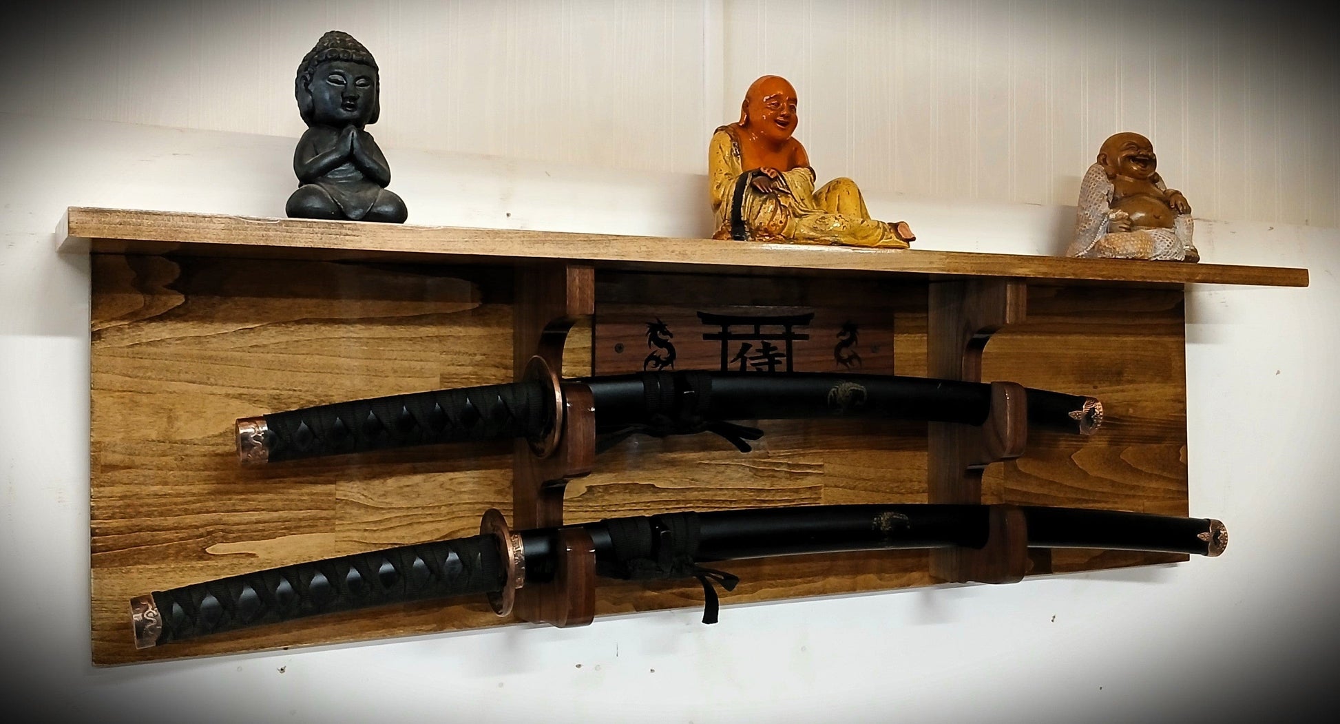 Walker Wood Gifts sword display Traditional 2 Tier Sword Rack/Shelf Display Beautiful Walnut Bushido Dragon Samurai Katana Great Collectors Gift