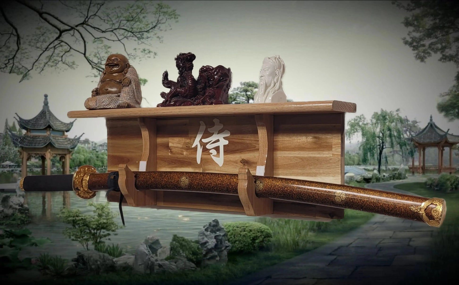 Walker Wood Gifts sword display Traditional Cabin Acacia Wall Shelf Samurai Wakizashi or Tanto Display Dojo Collectors Gift