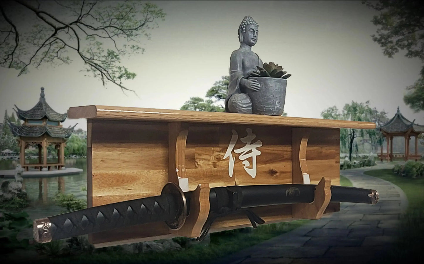 Walker Wood Gifts sword display Traditional Cabin Acacia Wall Shelf Samurai Wakizashi or Tanto Display Dojo Collectors Gift