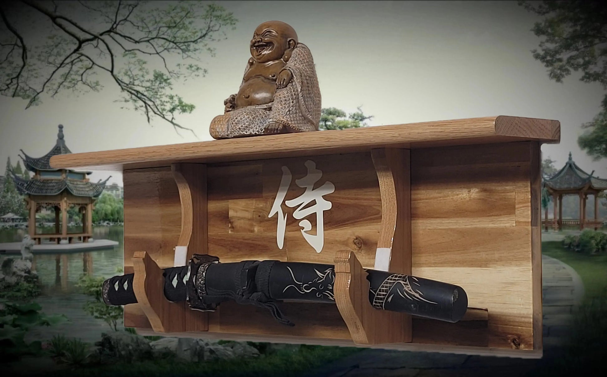 Walker Wood Gifts sword display Traditional Cabin Acacia Wall Shelf Samurai Wakizashi or Tanto Display Dojo Collectors Gift
