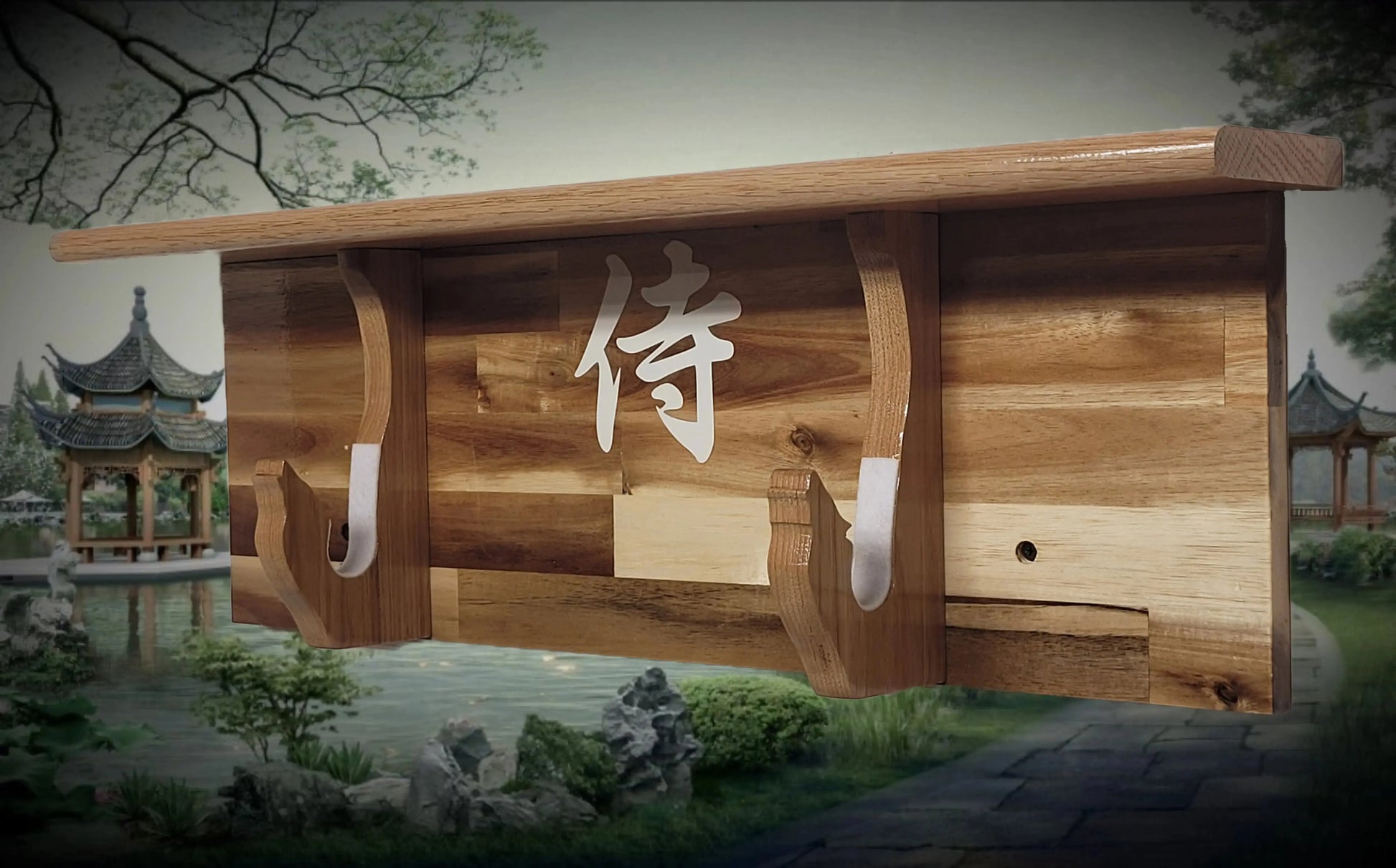 Walker Wood Gifts sword display Traditional Cabin Acacia Wall Shelf Samurai Wakizashi or Tanto Display Dojo Collectors Gift