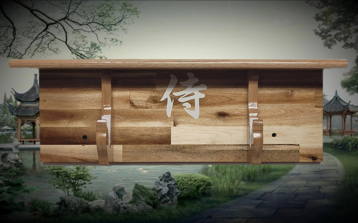Walker Wood Gifts sword display Traditional Cabin Acacia Wall Shelf Samurai Wakizashi or Tanto Display Dojo Collectors Gift