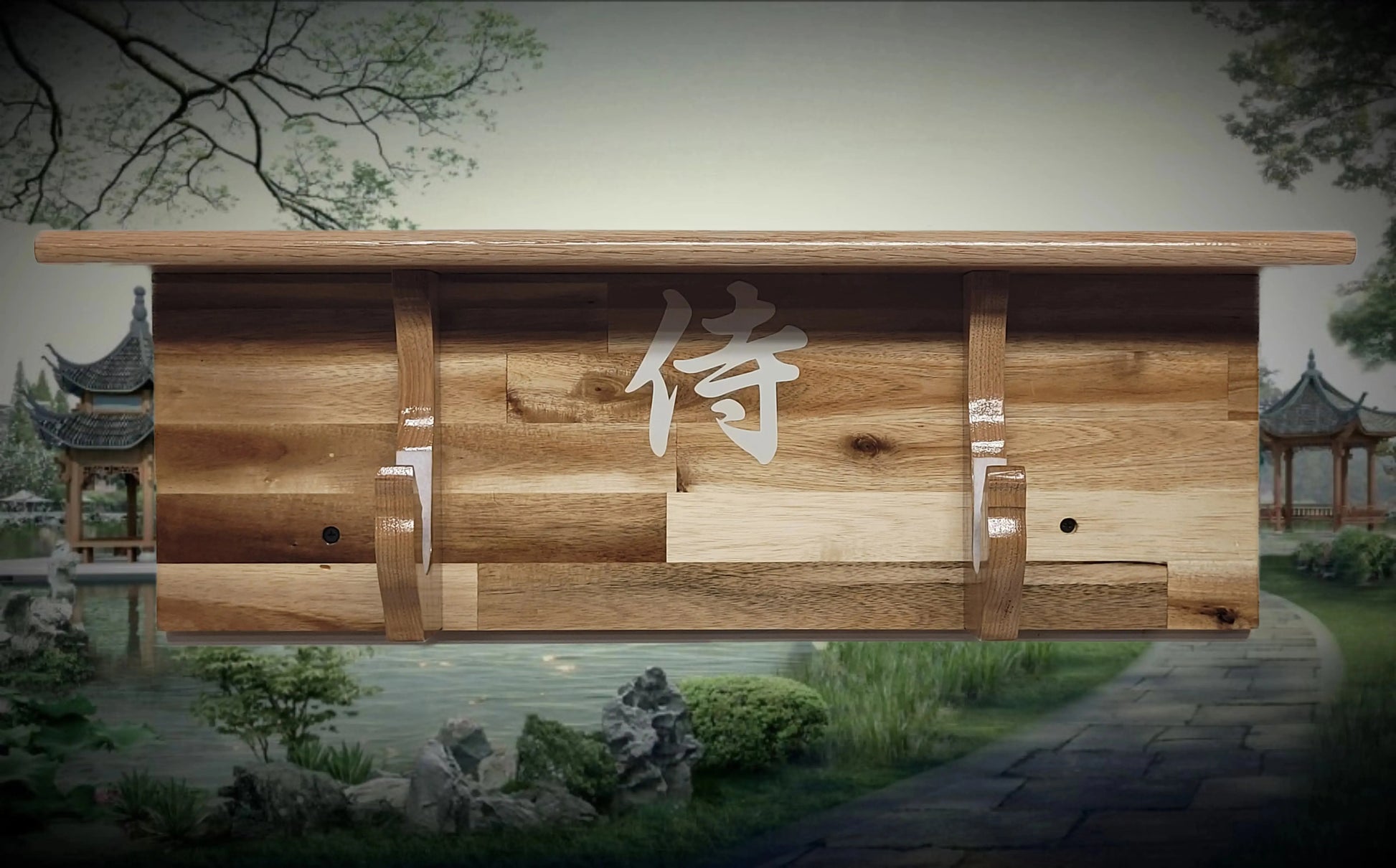 Walker Wood Gifts sword display Traditional Cabin Acacia Wall Shelf Samurai Wakizashi or Tanto Display Dojo Collectors Gift