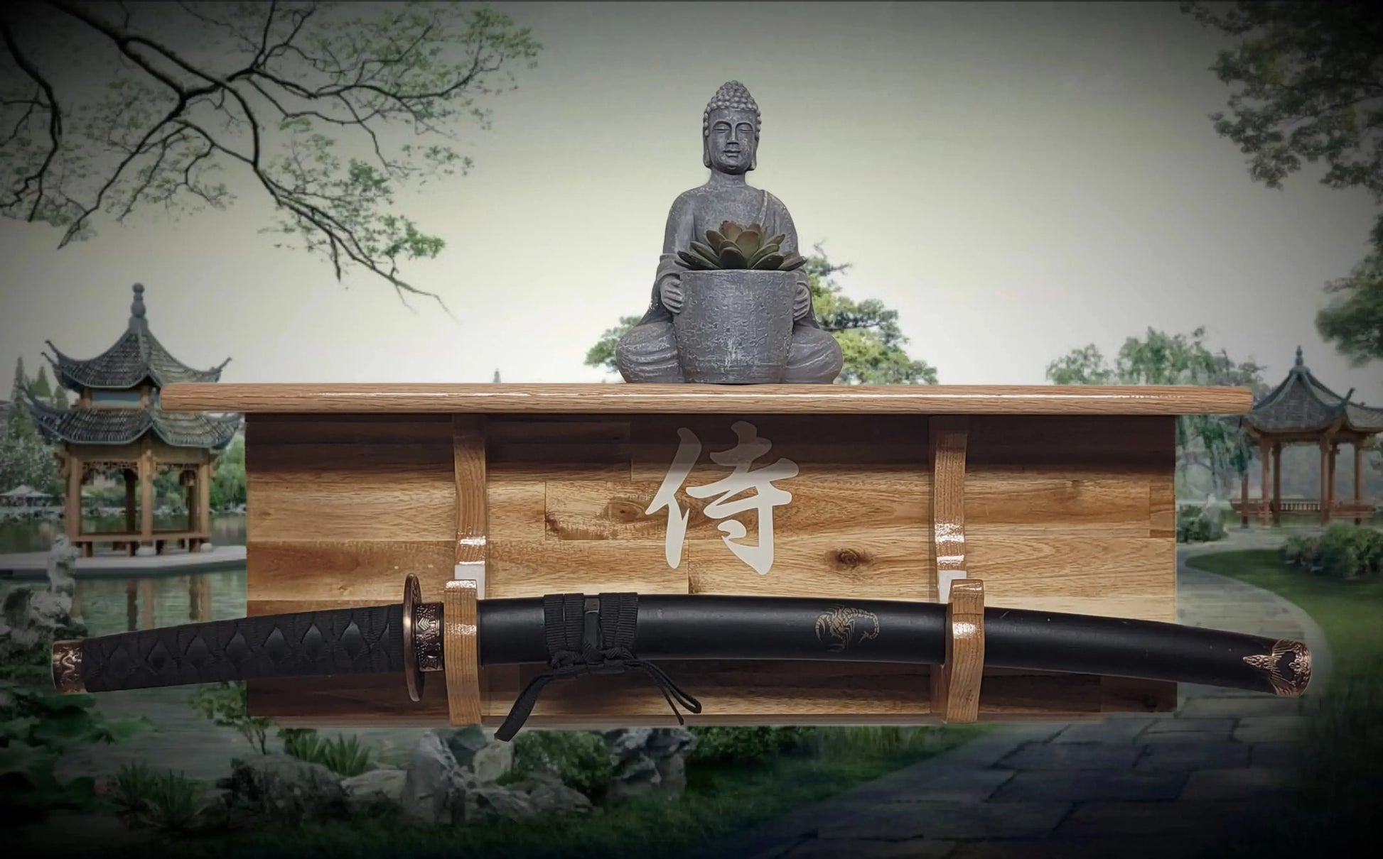 Walker Wood Gifts sword display Traditional Cabin Acacia Wall Shelf Samurai Wakizashi or Tanto Display Dojo Collectors Gift