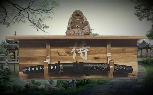 Walker Wood Gifts sword display Traditional Cabin Acacia Wall Shelf Samurai Wakizashi or Tanto Display Dojo Collectors Gift