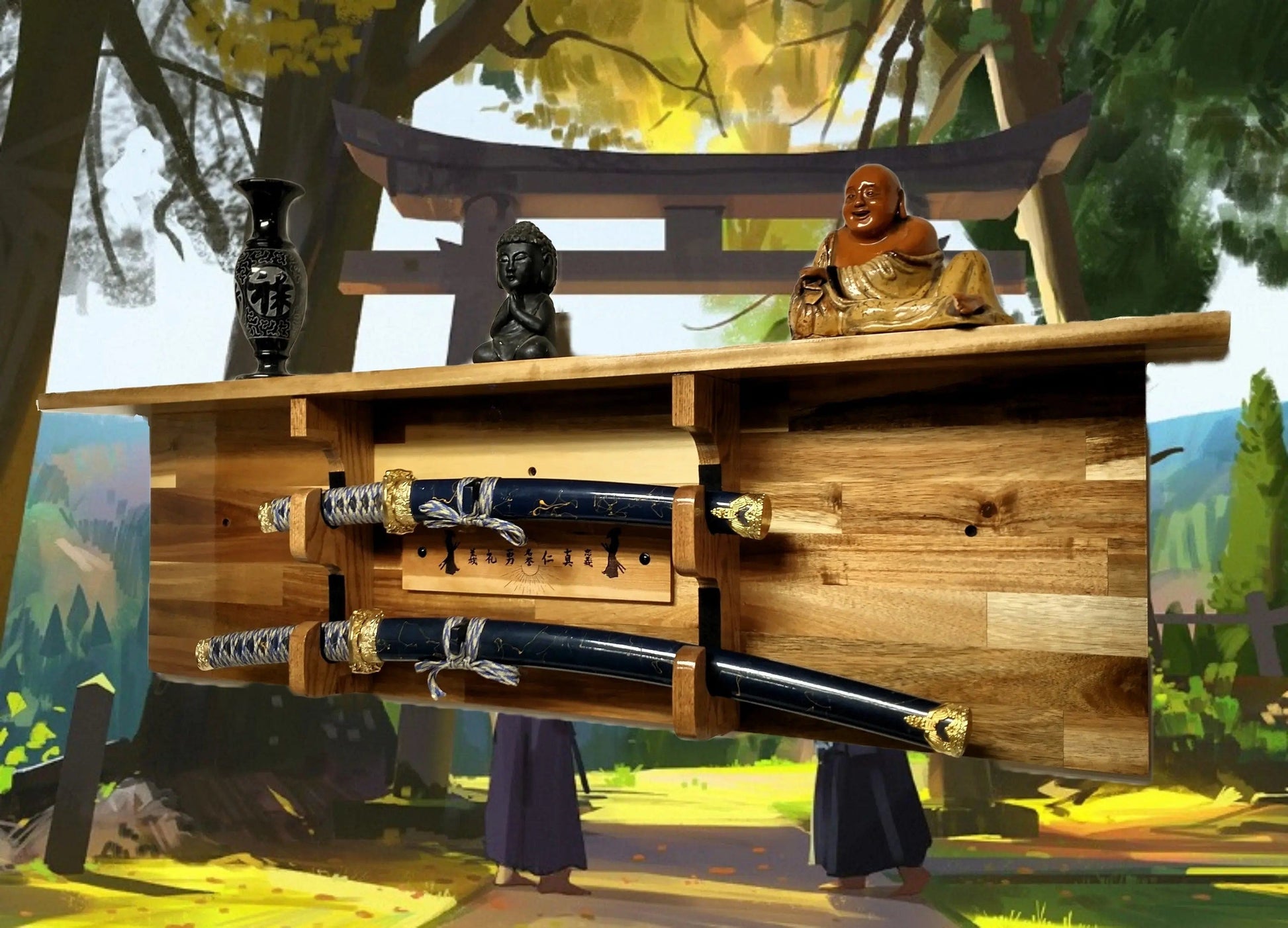 Walker Wood Gifts sword display TRADITIONAL KATANA BUSHIDO Acacia Wall Display Samurai Code with Deep Shelf Dojo Collectors Gift