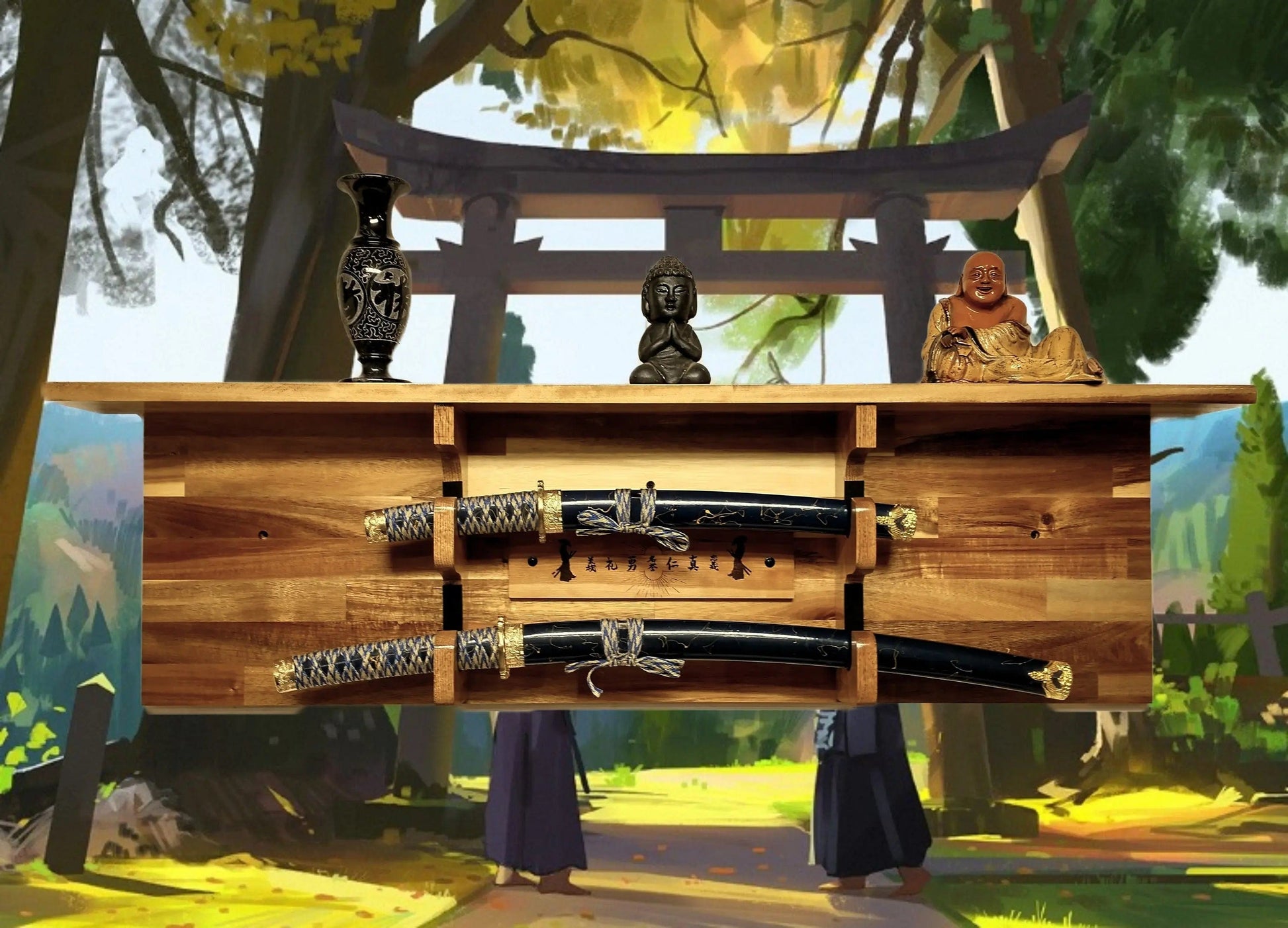 Walker Wood Gifts sword display TRADITIONAL KATANA BUSHIDO Acacia Wall Display Samurai Code with Deep Shelf Dojo Collectors Gift