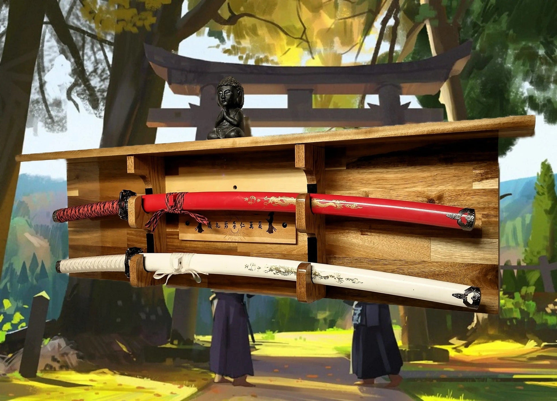 Walker Wood Gifts sword display TRADITIONAL KATANA BUSHIDO Acacia Wall Display Samurai Code with Deep Shelf Dojo Collectors Gift