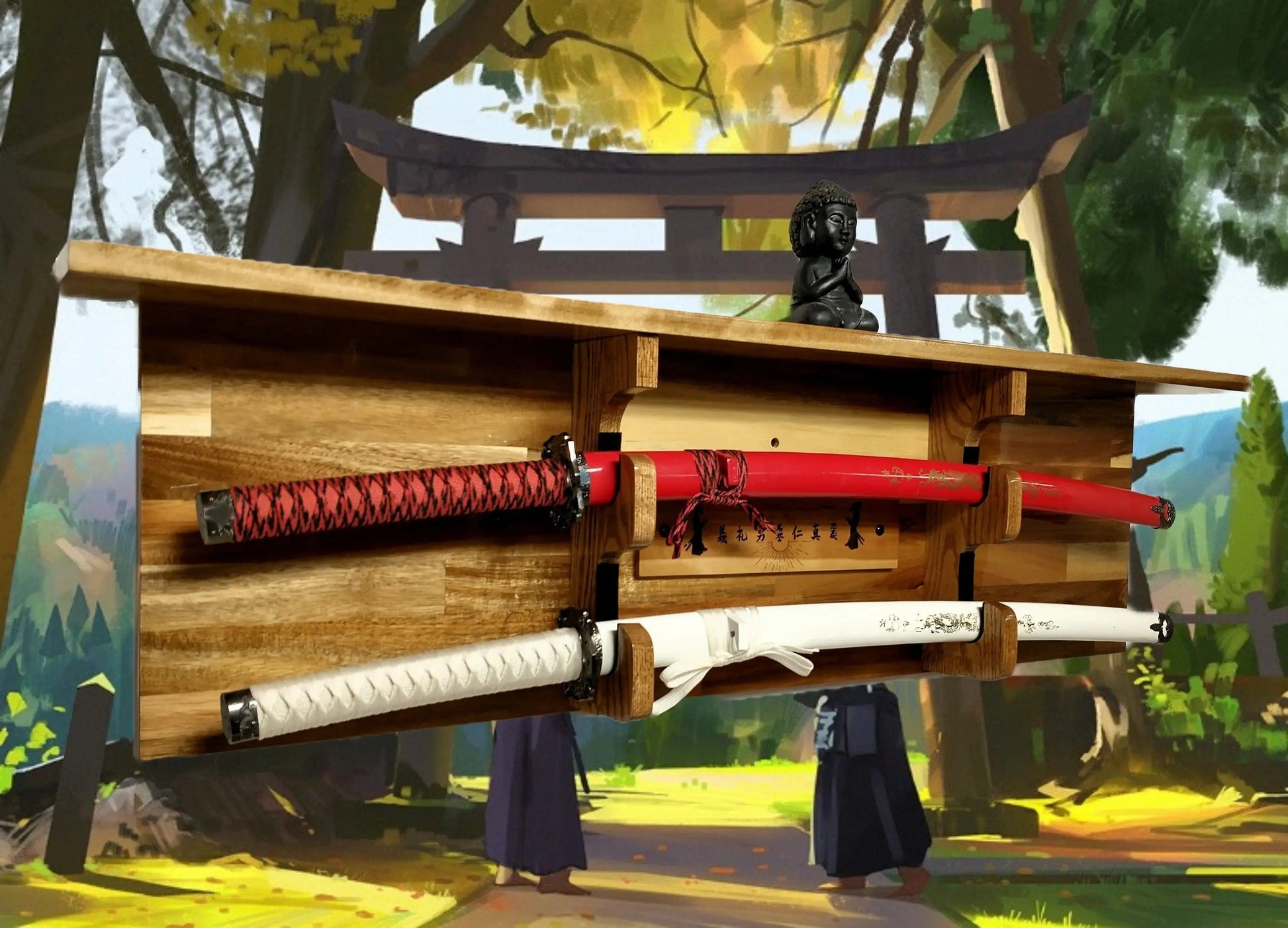 Walker Wood Gifts sword display TRADITIONAL KATANA BUSHIDO Acacia Wall Display Samurai Code with Deep Shelf Dojo Collectors Gift