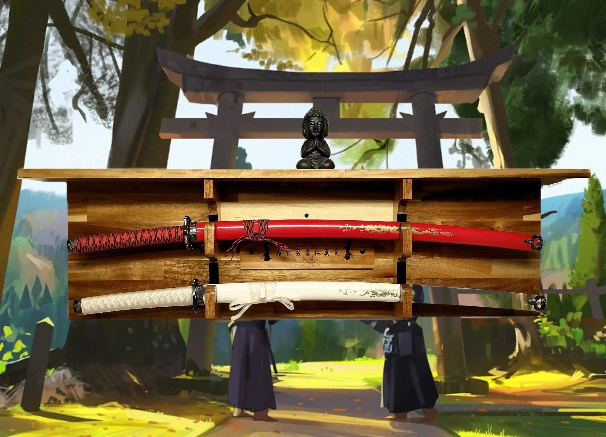 Walker Wood Gifts sword display TRADITIONAL KATANA BUSHIDO Acacia Wall Display Samurai Code with Deep Shelf Dojo Collectors Gift