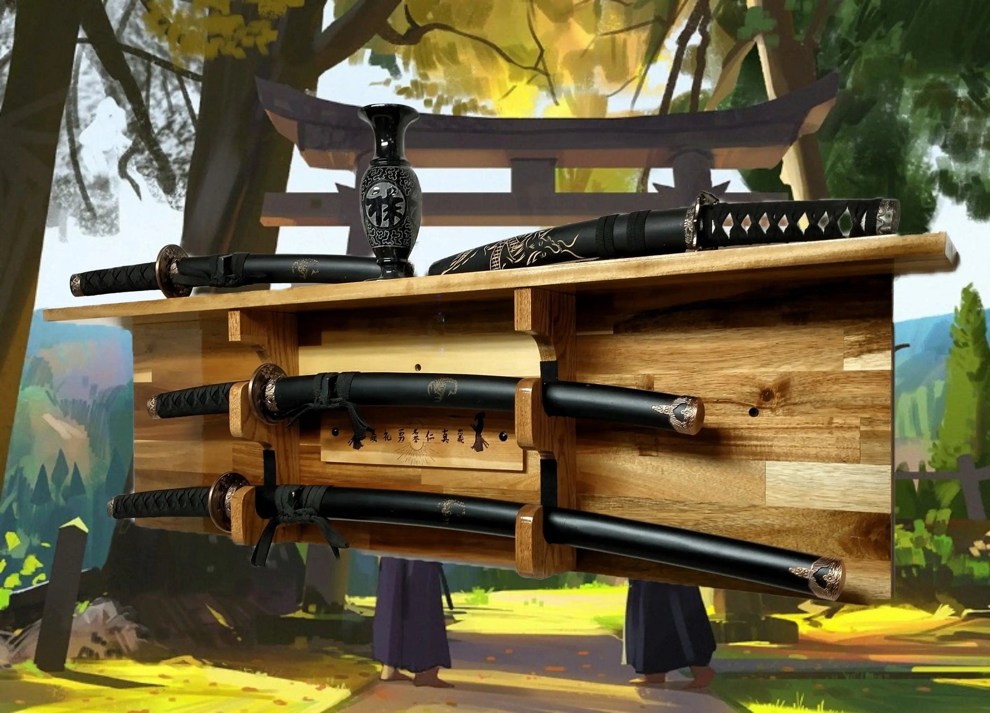 Walker Wood Gifts sword display TRADITIONAL KATANA BUSHIDO Acacia Wall Display Samurai Code with Deep Shelf Dojo Collectors Gift