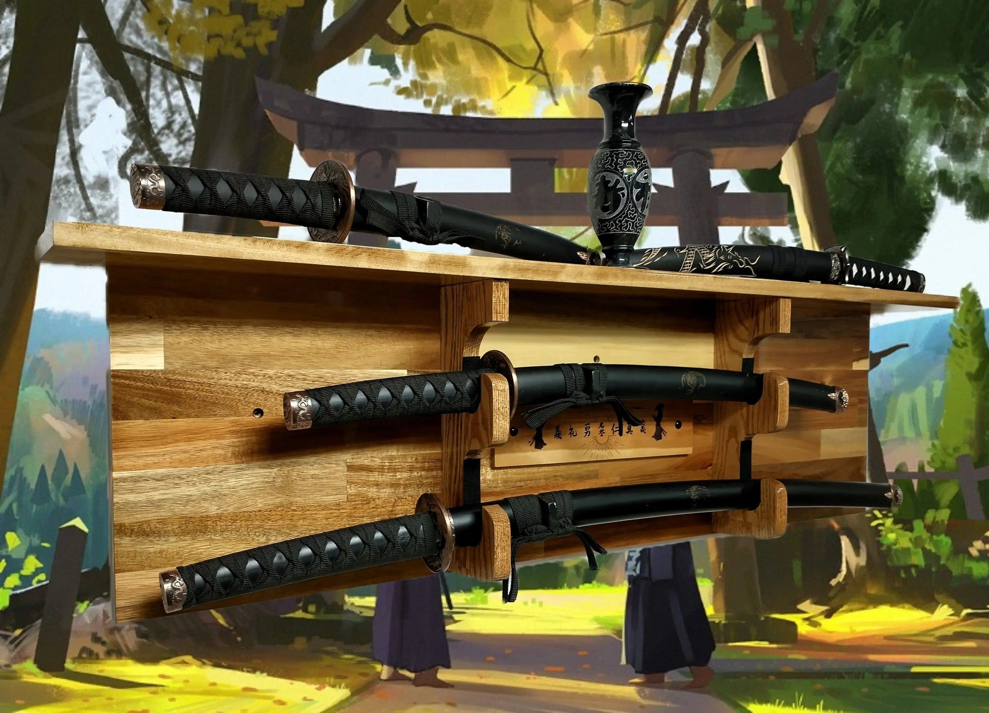 Walker Wood Gifts sword display TRADITIONAL KATANA BUSHIDO Acacia Wall Display Samurai Code with Deep Shelf Dojo Collectors Gift