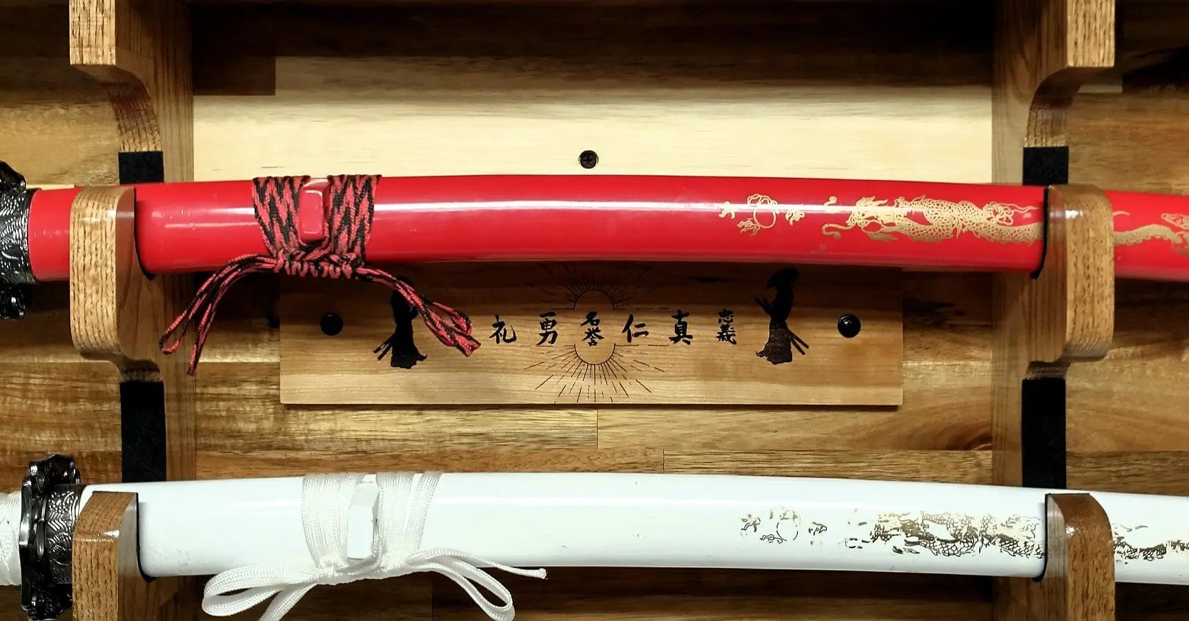 Walker Wood Gifts sword display TRADITIONAL KATANA BUSHIDO Acacia Wall Display Samurai Code with Deep Shelf Dojo Collectors Gift