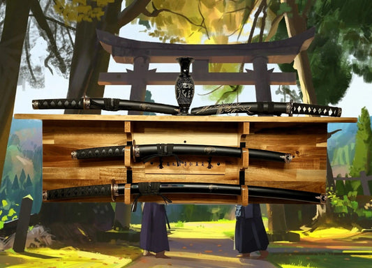 Walker Wood Gifts sword display TRADITIONAL KATANA BUSHIDO Acacia Wall Display Samurai Code with Deep Shelf Dojo Collectors Gift