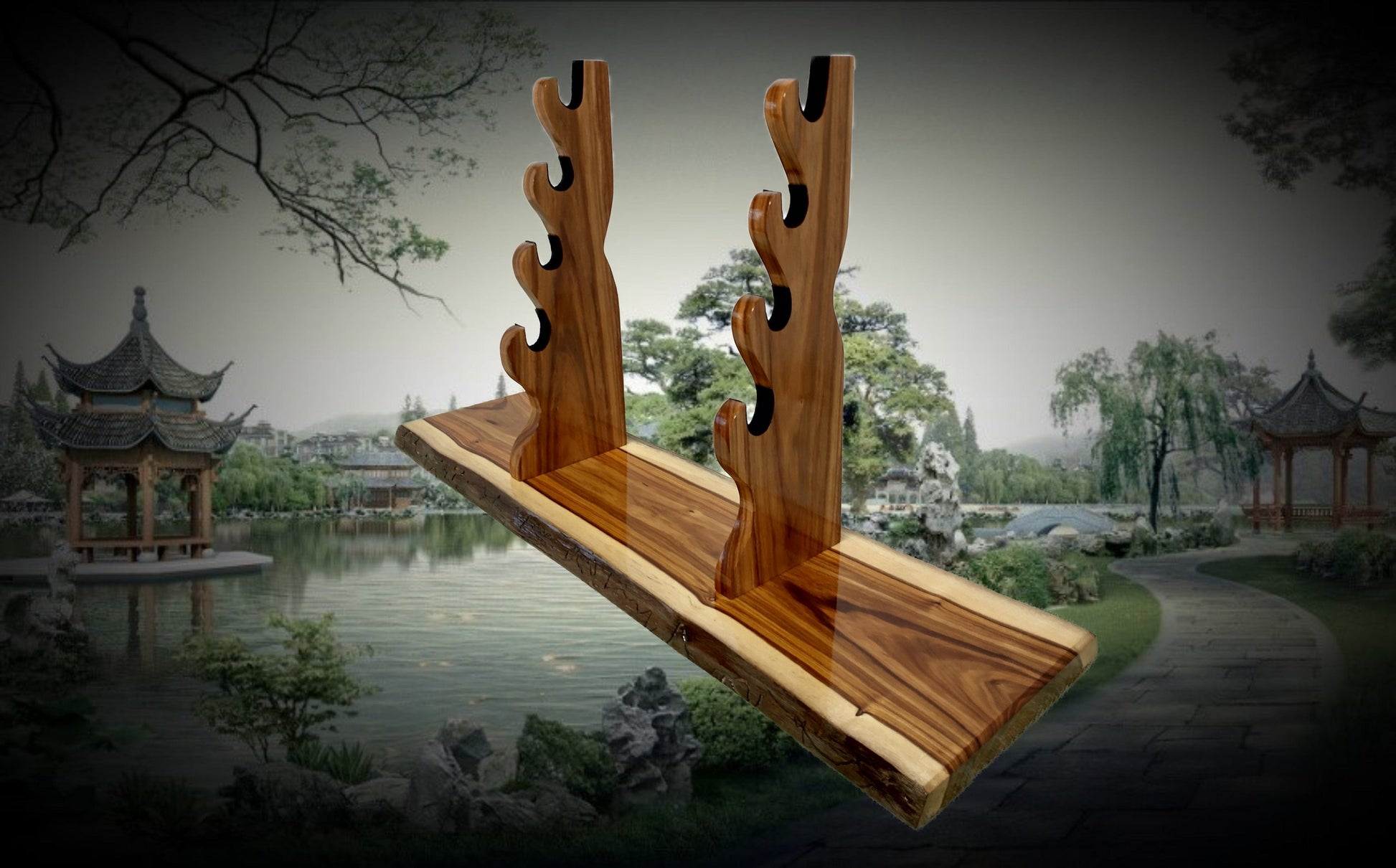 Walker Wood Gifts sword stands EXOTIC LIVE EDGE 4 Tier Canary Wood Samurai Sword Display Stand A Perfect Gift for Martial Arts Collectors Dojo Enthusiasts