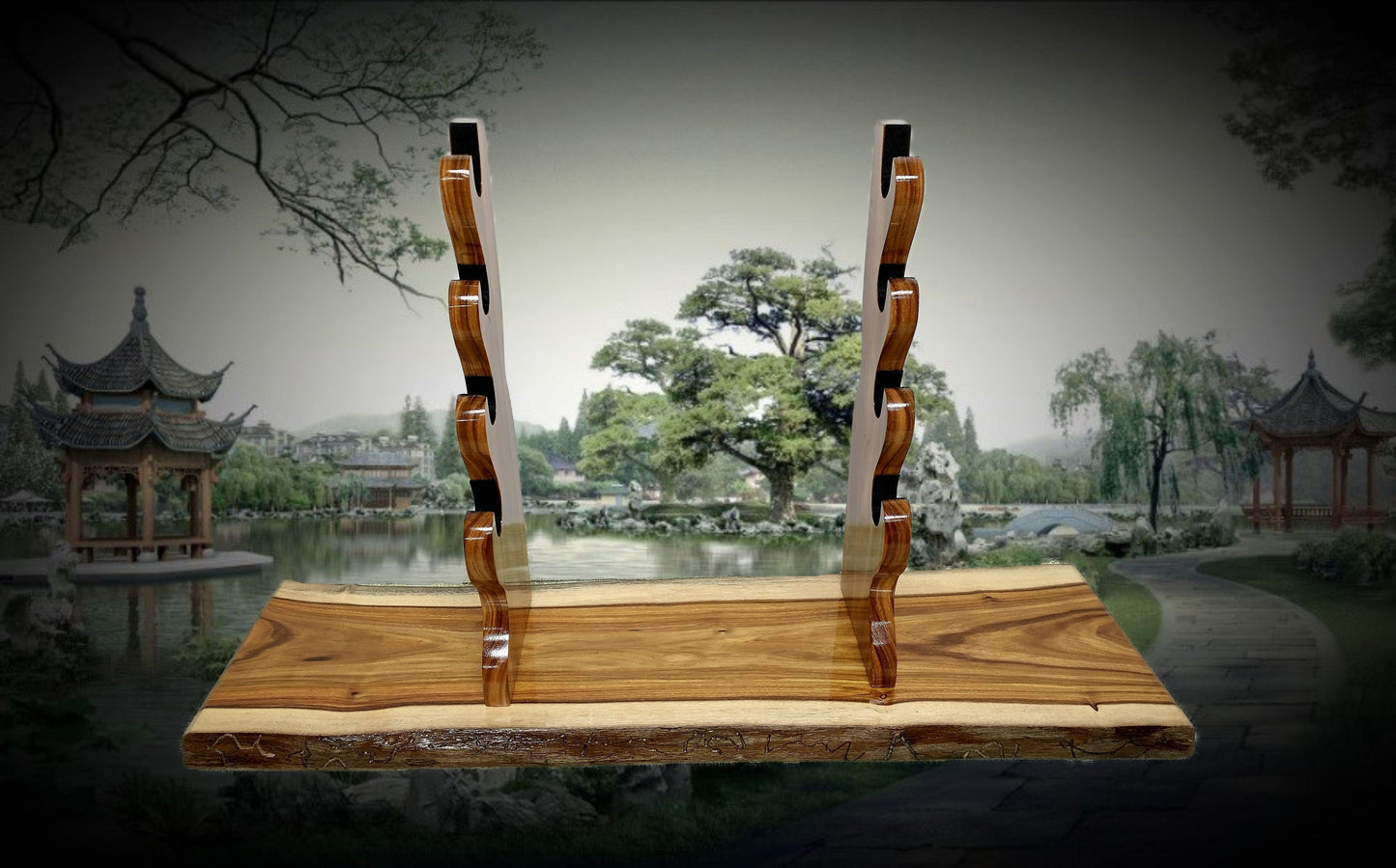 Walker Wood Gifts sword stands EXOTIC LIVE EDGE 4 Tier Canary Wood Samurai Sword Display Stand A Perfect Gift for Martial Arts Collectors Dojo Enthusiasts