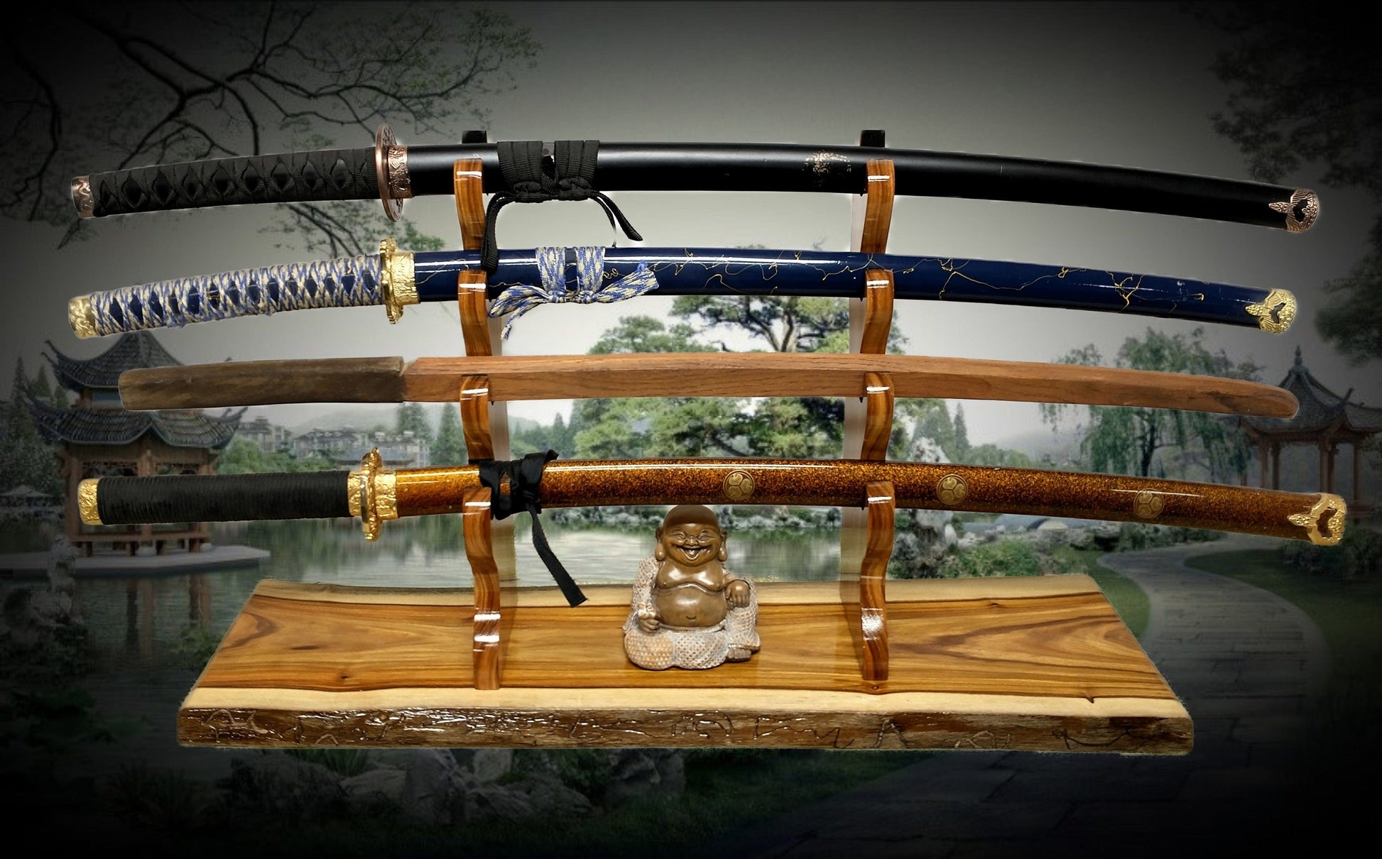 Walker Wood Gifts sword stands EXOTIC LIVE EDGE 4 Tier Canary Wood Samurai Sword Display Stand A Perfect Gift for Martial Arts Collectors Dojo Enthusiasts
