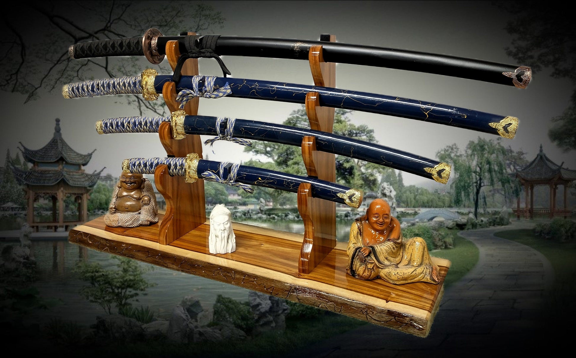 Walker Wood Gifts sword stands EXOTIC LIVE EDGE 4 Tier Canary Wood Samurai Sword Display Stand A Perfect Gift for Martial Arts Collectors Dojo Enthusiasts