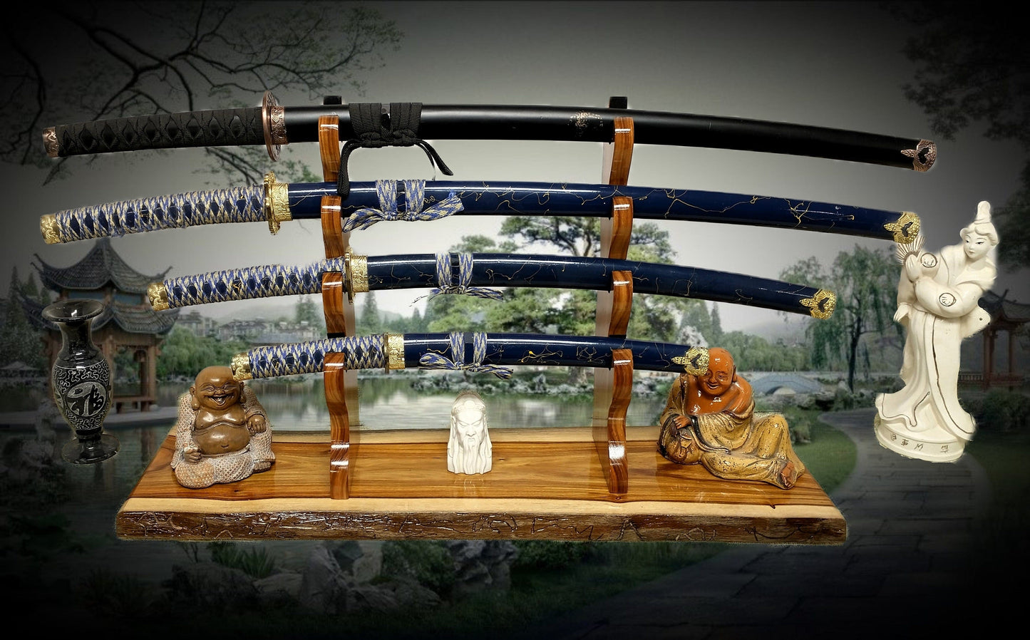 Walker Wood Gifts sword stands EXOTIC LIVE EDGE 4 Tier Canary Wood Samurai Sword Display Stand A Perfect Gift for Martial Arts Collectors Dojo Enthusiasts