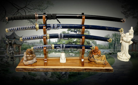 Walker Wood Gifts sword stands EXOTIC LIVE EDGE 4 Tier Canary Wood Samurai Sword Display Stand A Perfect Gift for Martial Arts Collectors Dojo Enthusiasts