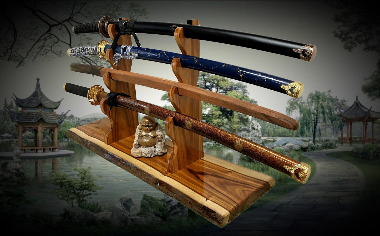 Walker Wood Gifts sword stands EXOTIC LIVE EDGE 4 Tier Canary Wood Samurai Sword Display Stand A Perfect Gift for Martial Arts Collectors Dojo Enthusiasts