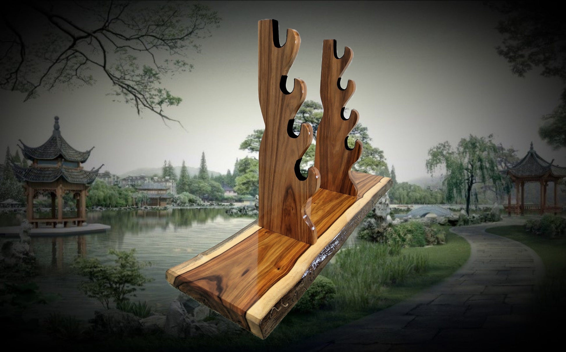 Walker Wood Gifts sword stands EXOTIC LIVE EDGE 4 Tier Canary Wood Samurai Sword Display Stand A Perfect Gift for Martial Arts Collectors Dojo Enthusiasts