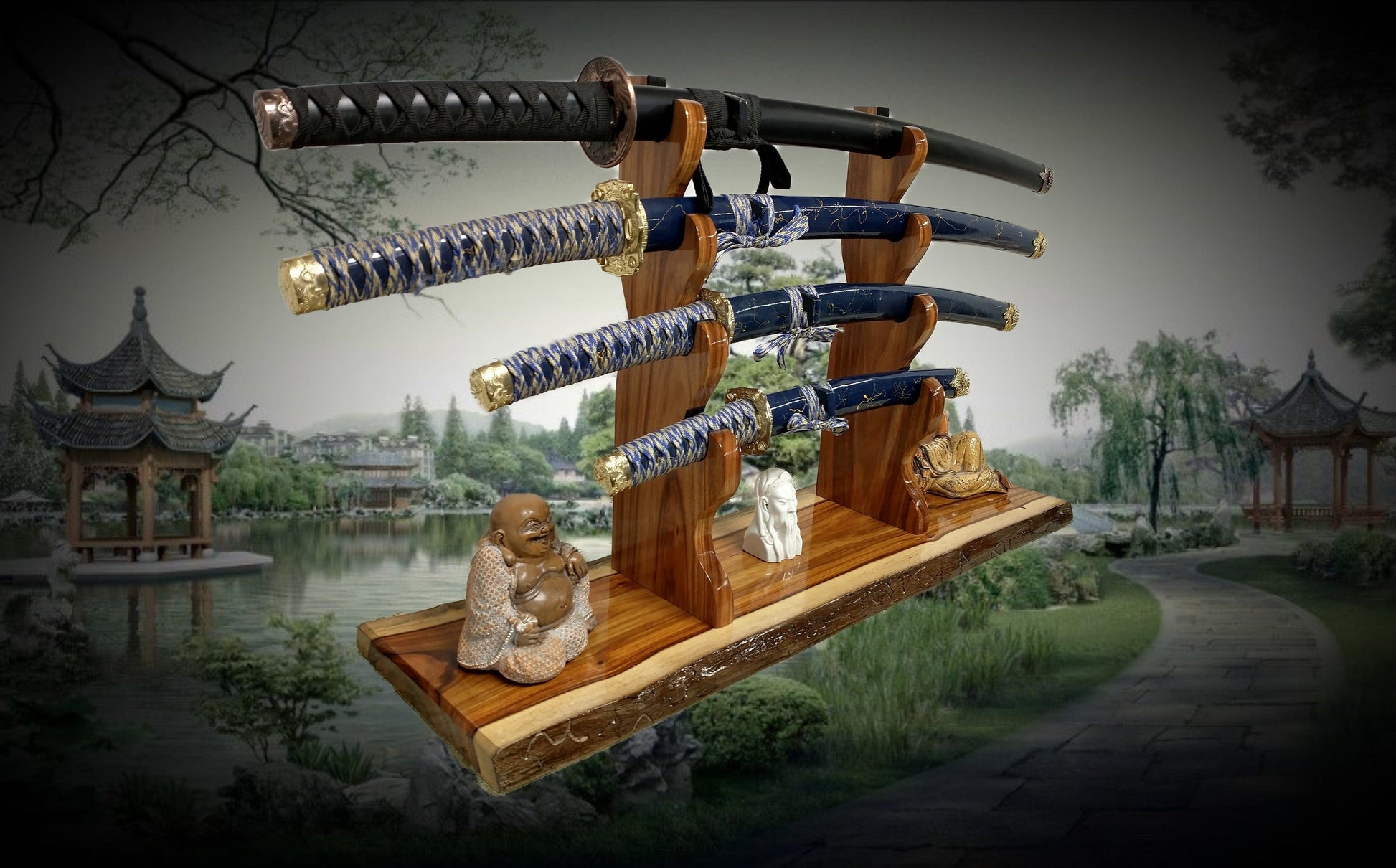 Walker Wood Gifts sword stands EXOTIC LIVE EDGE 4 Tier Canary Wood Samurai Sword Display Stand A Perfect Gift for Martial Arts Collectors Dojo Enthusiasts