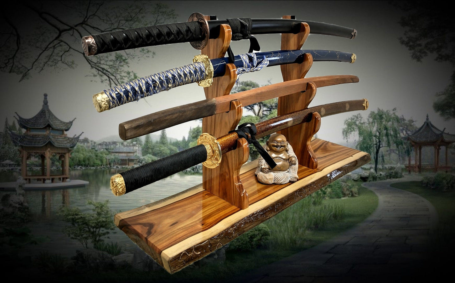 Walker Wood Gifts sword stands EXOTIC LIVE EDGE 4 Tier Canary Wood Samurai Sword Display Stand A Perfect Gift for Martial Arts Collectors Dojo Enthusiasts