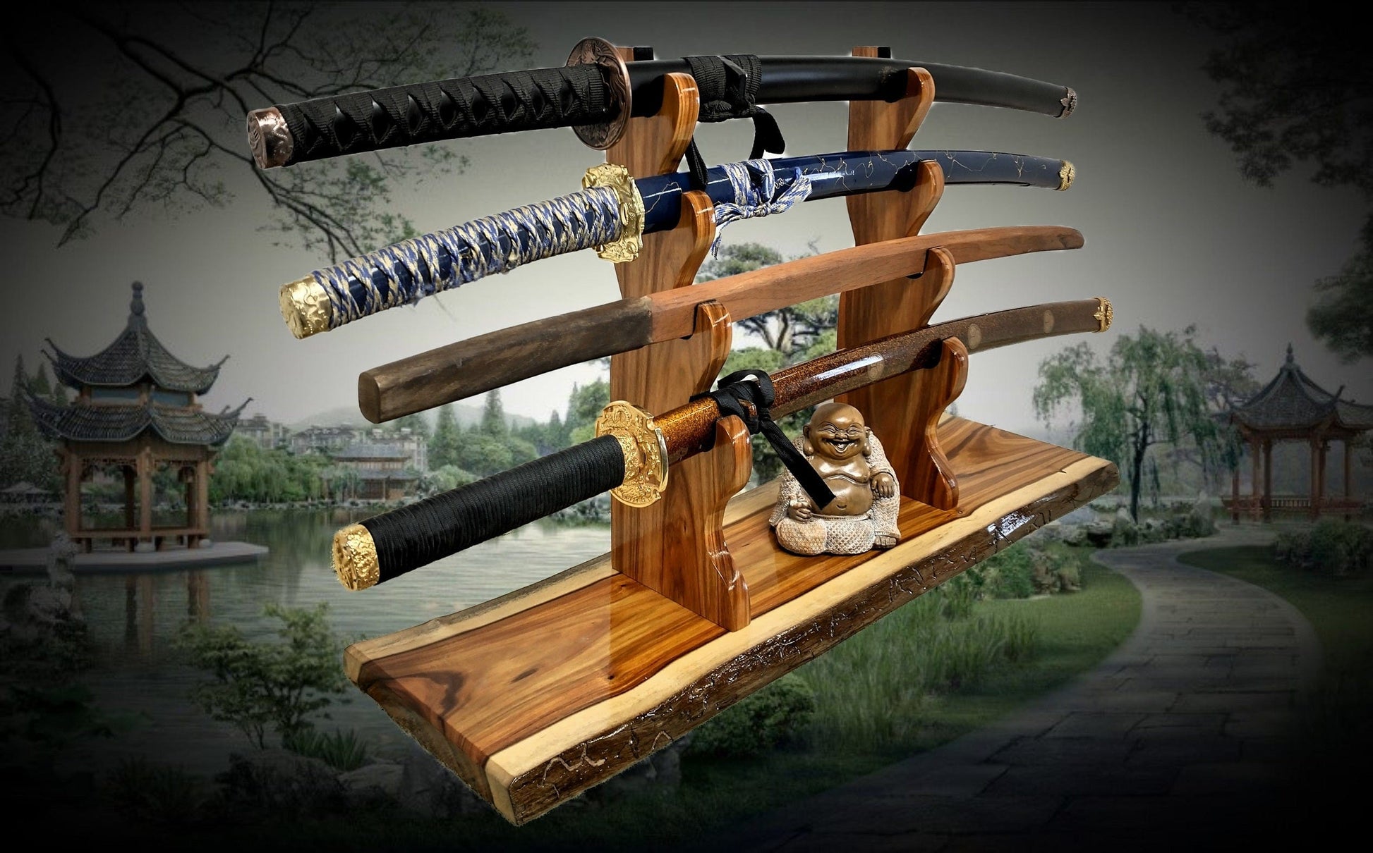 Walker Wood Gifts sword stands EXOTIC LIVE EDGE 4 Tier Canary Wood Samurai Sword Display Stand A Perfect Gift for Martial Arts Collectors Dojo Enthusiasts