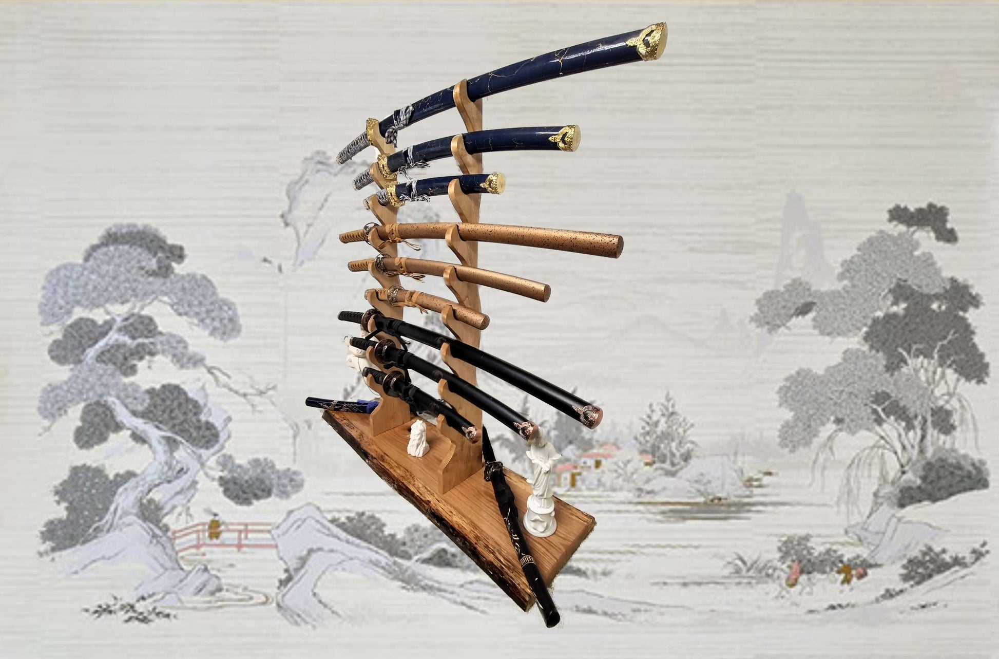 Walker Wood Gifts sword stands Large 9-Tier Katana Wakizashi Sword Stand Swamp Oak Maple Display Dojo Martial Arts Collectors Gift