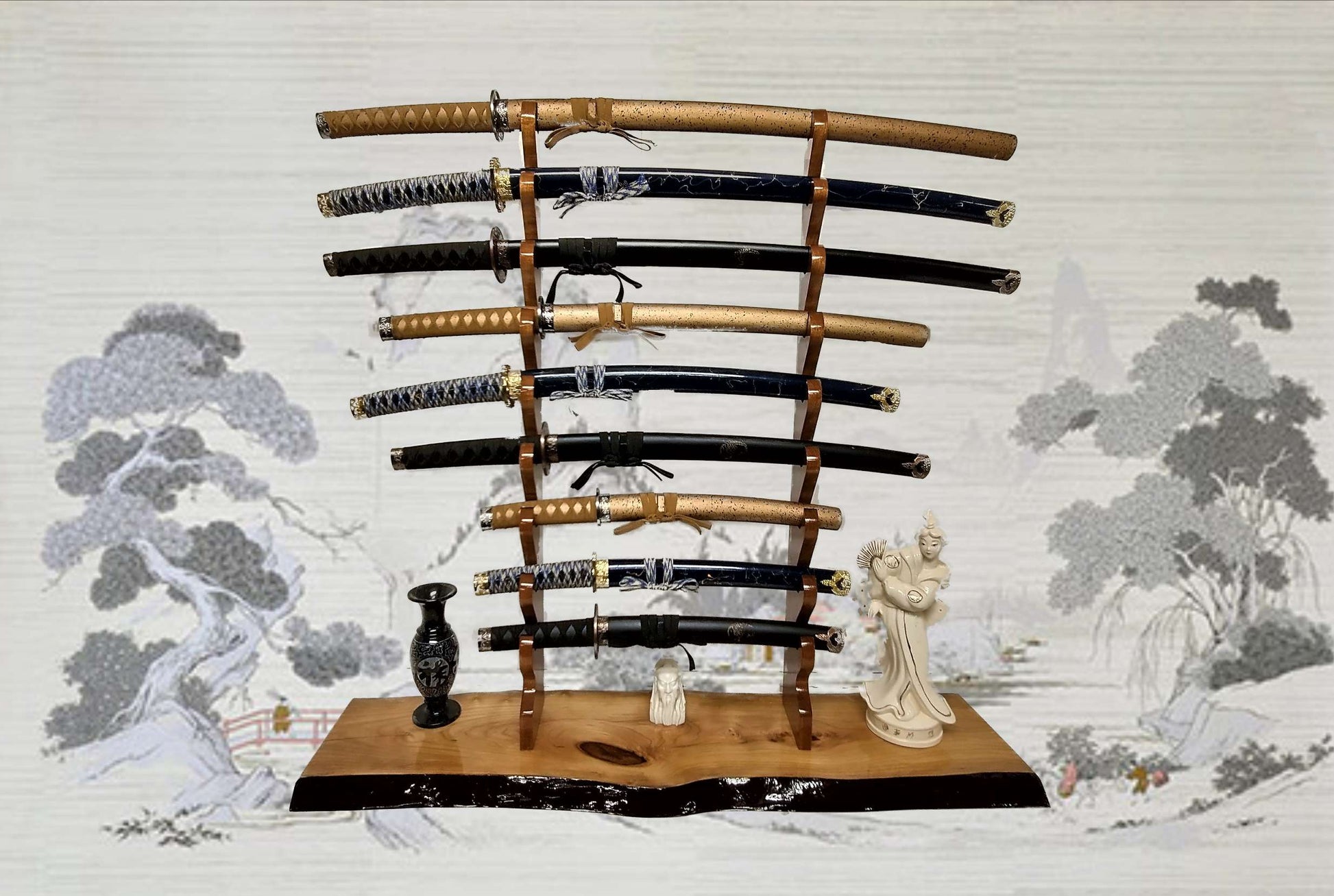 Walker Wood Gifts sword stands Large Professional 9 Tier Rustic Live Edge Cherry Sword Display Stand Dojo Décor Martial Arts Gift