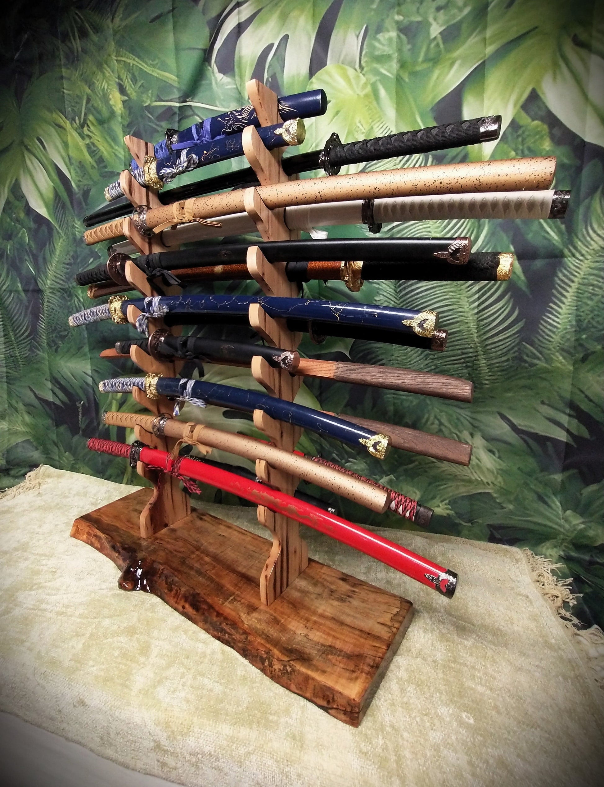 Walker Wood Gifts sword stands Live Edge 17 Tier Spalted Exotic Maple Katana Wakizashi Sword Stand Display Dojo Martial Arts Collectors Gift