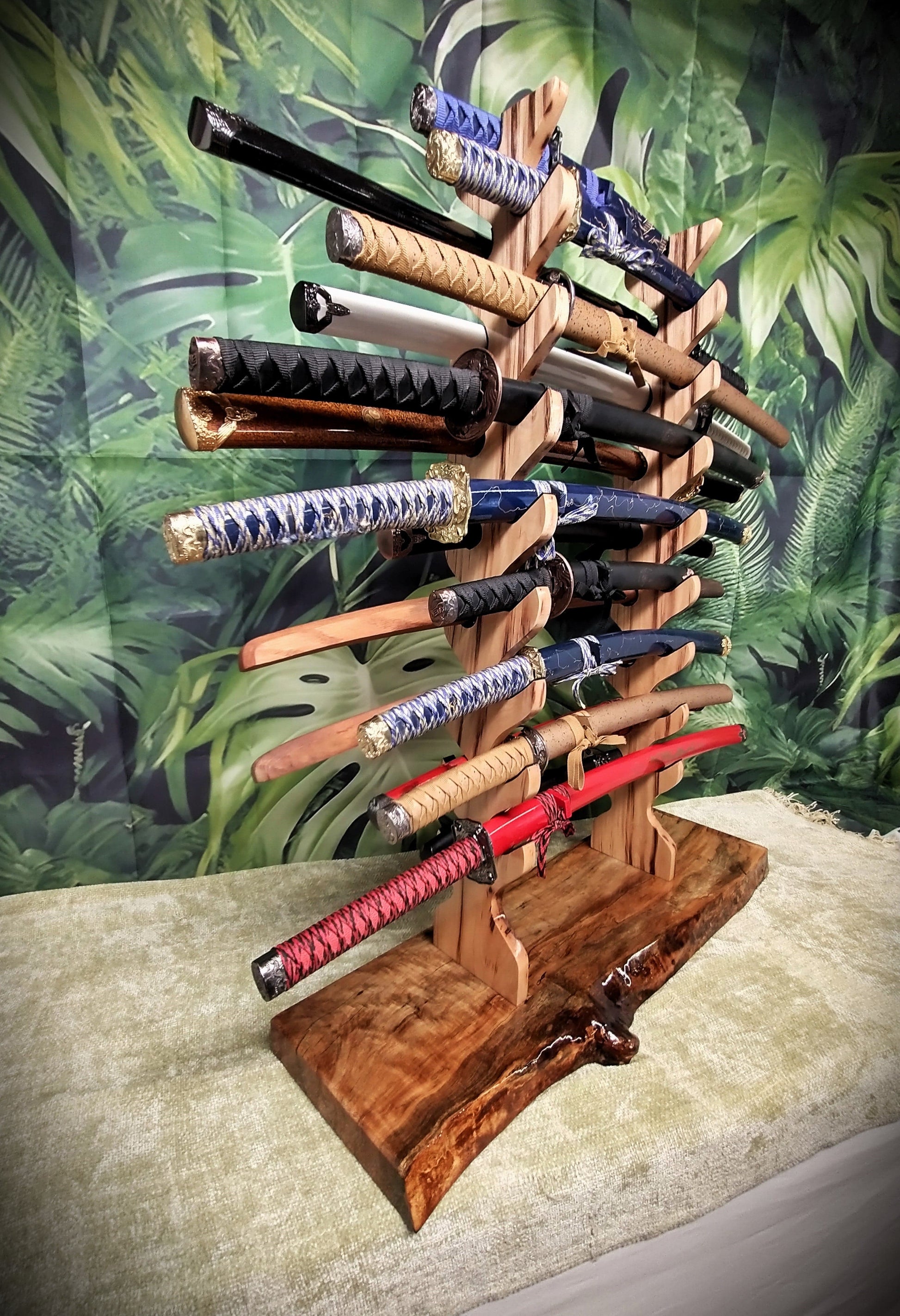 Walker Wood Gifts sword stands Live Edge 17 Tier Spalted Exotic Maple Katana Wakizashi Sword Stand Display Dojo Martial Arts Collectors Gift