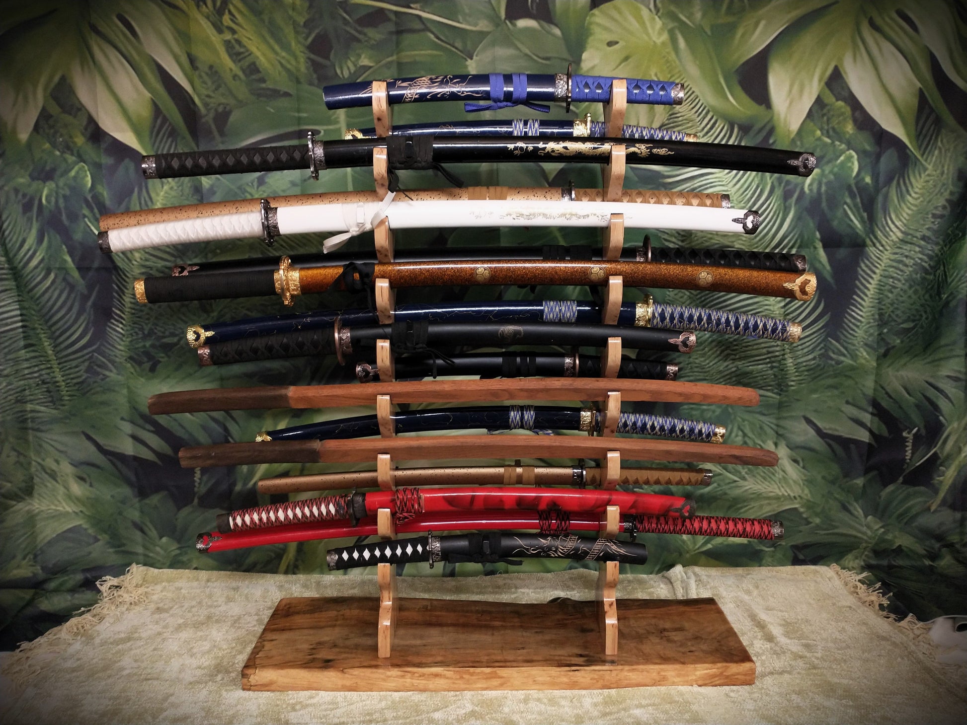 Walker Wood Gifts sword stands Live Edge 17 Tier Spalted Exotic Maple Katana Wakizashi Sword Stand Display Dojo Martial Arts Collectors Gift