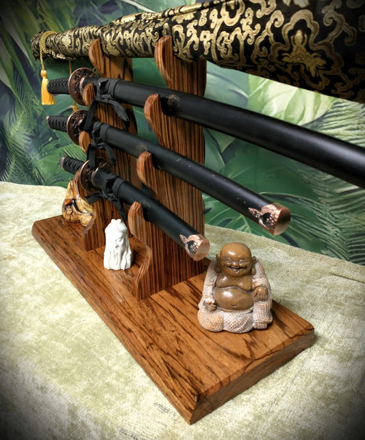 Traditional 4-Tier Zebra Wood Katana and Wakizashi Sword Display Stand Collector - Walker Wood Gifts