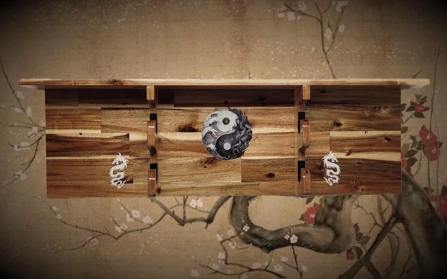 Walker Wood Gifts Traditional 2 Tier Katana Acacia Wall Shelf Display Yin Yang White Dragon Dojo Gift