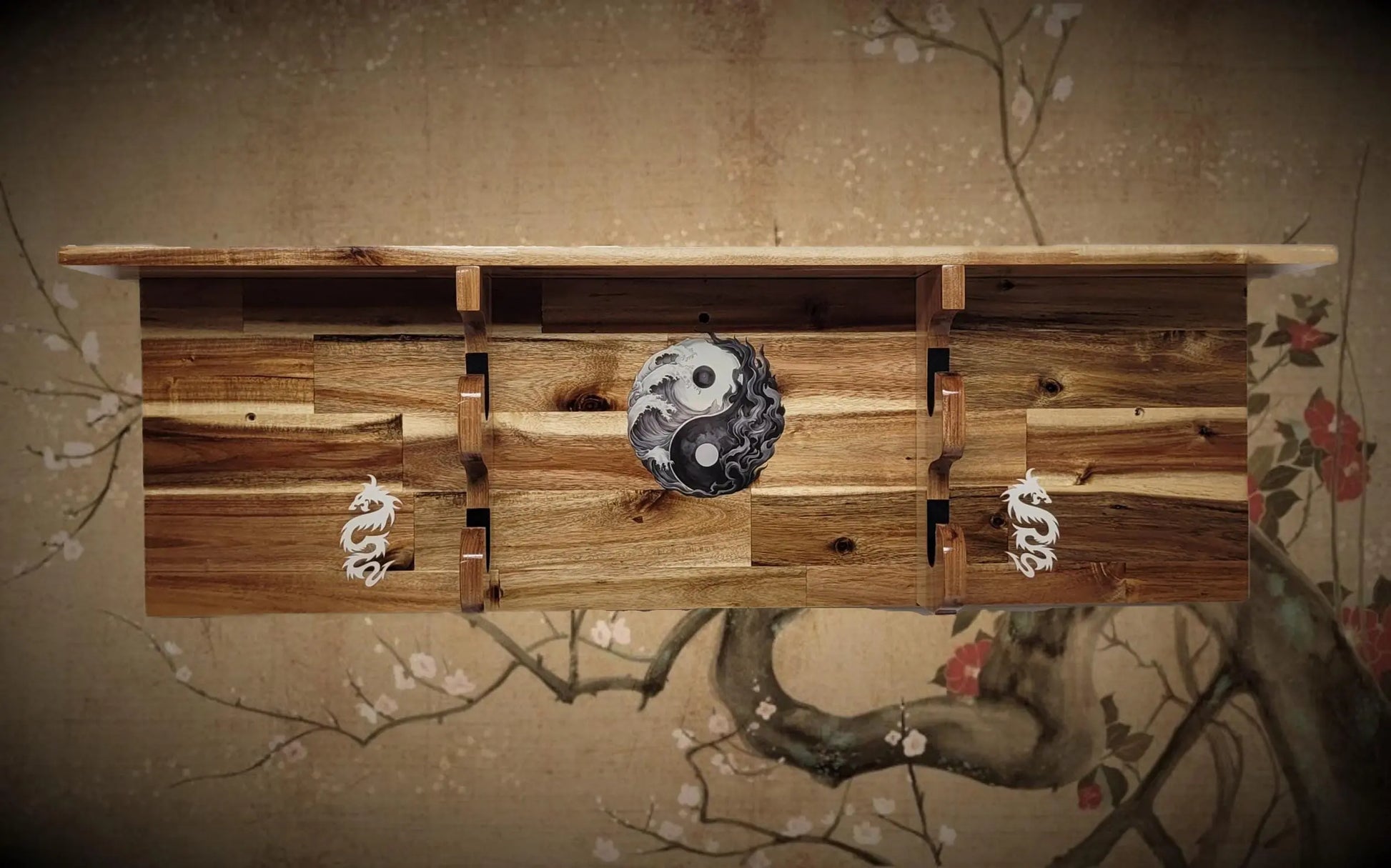 Walker Wood Gifts Traditional 2 Tier Katana Acacia Wall Shelf Display Yin Yang White Dragon Dojo Gift