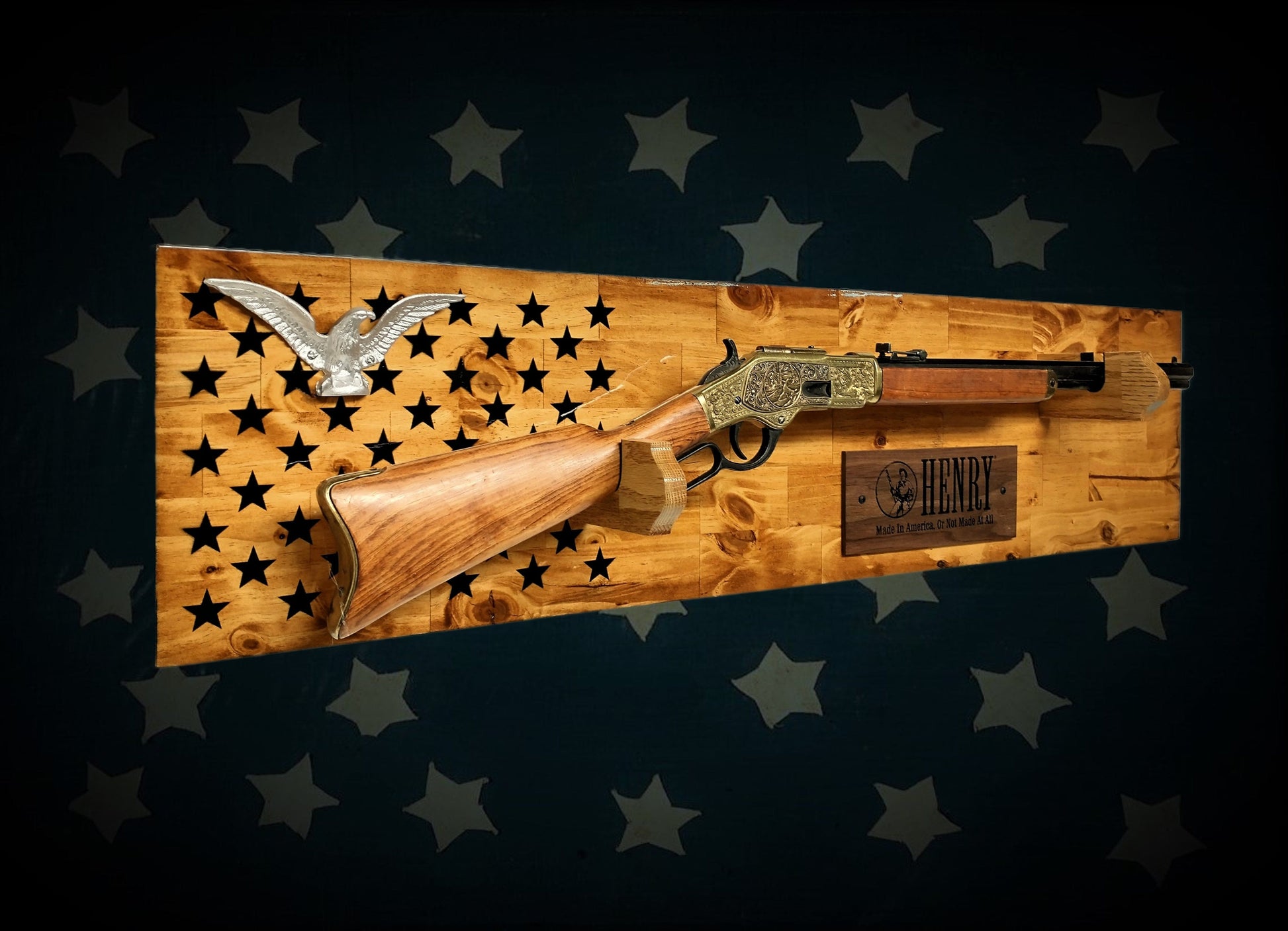 Walker Wood Gifts Traditional 50 Black Star Lever Action Silver Eagle Henry Gun Rack Display Rifle Knotty Pine Cabin Décor Collectors Gift