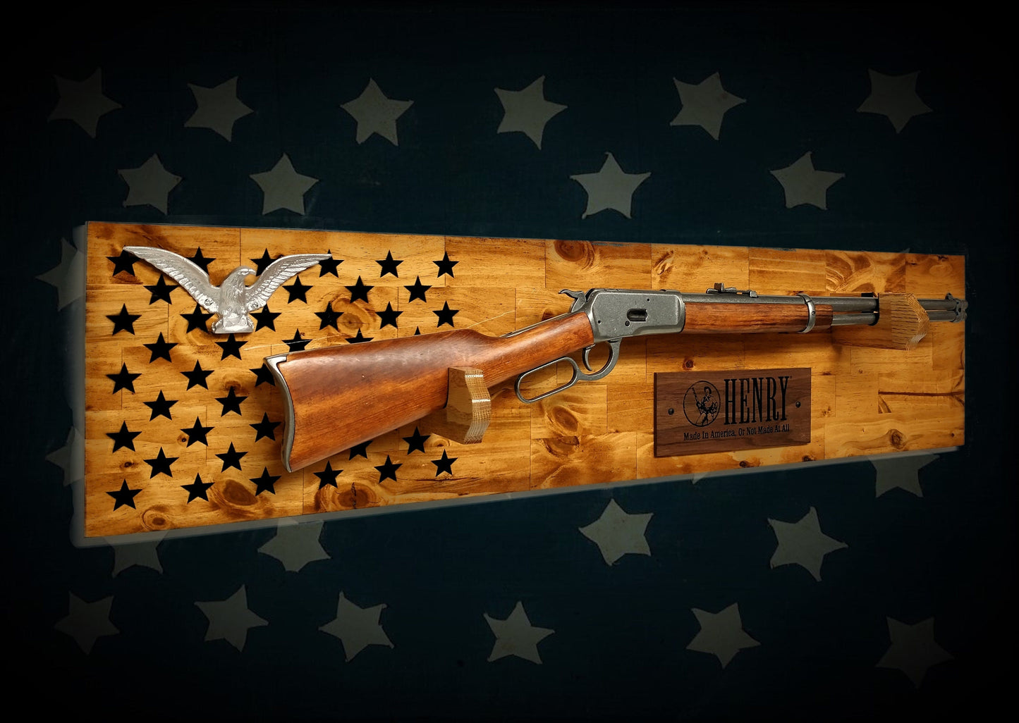 Walker Wood Gifts Traditional 50 Black Star Lever Action Silver Eagle Henry Gun Rack Display Rifle Knotty Pine Cabin Décor Collectors Gift