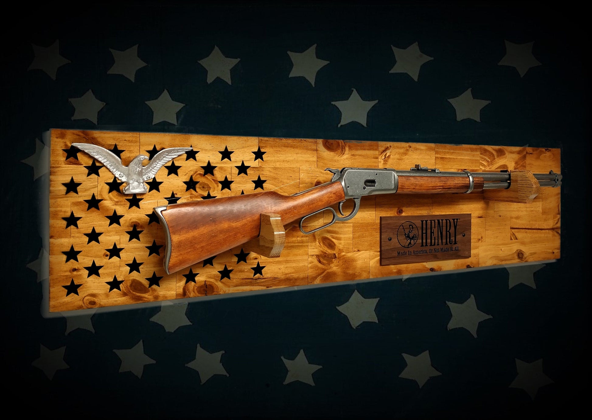 Walker Wood Gifts Traditional 50 Black Star Lever Action Silver Eagle Henry Gun Rack Display Rifle Knotty Pine Cabin Décor Collectors Gift