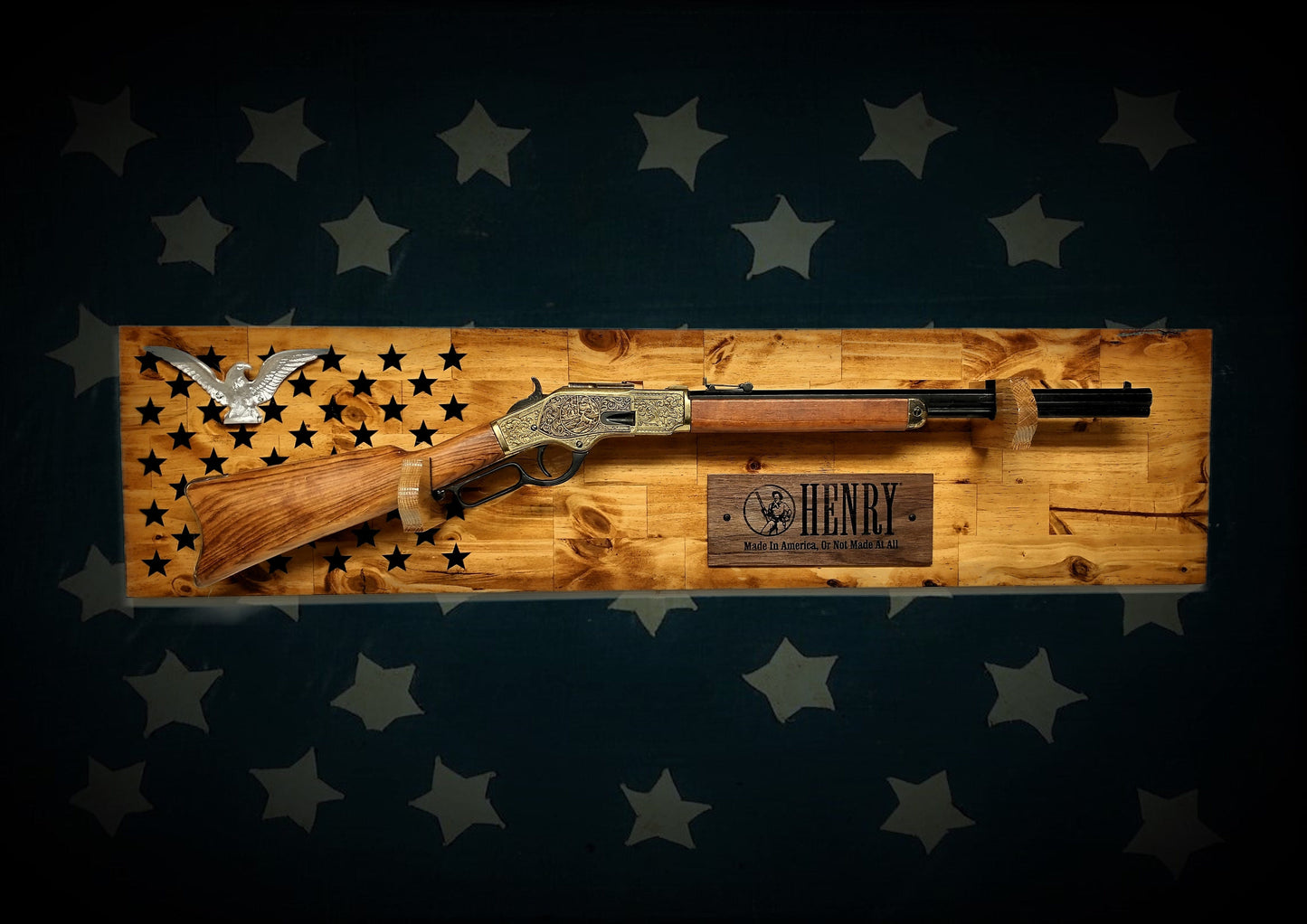 Walker Wood Gifts Traditional 50 Black Star Lever Action Silver Eagle Henry Gun Rack Display Rifle Knotty Pine Cabin Décor Collectors Gift