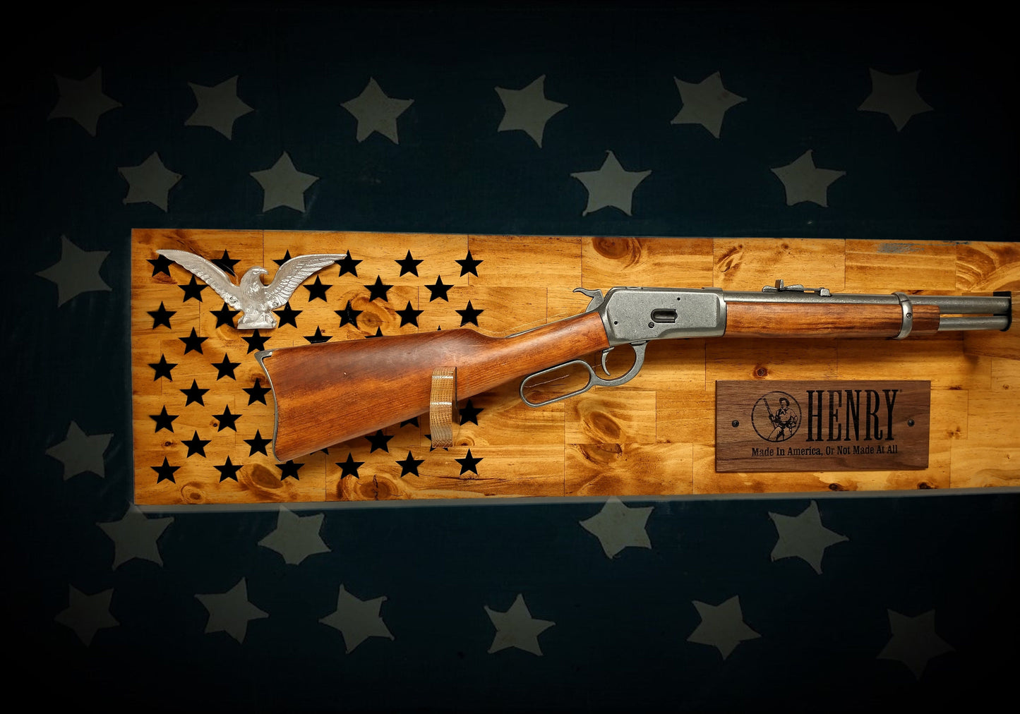 Walker Wood Gifts Traditional 50 Black Star Lever Action Silver Eagle Henry Gun Rack Display Rifle Knotty Pine Cabin Décor Collectors Gift