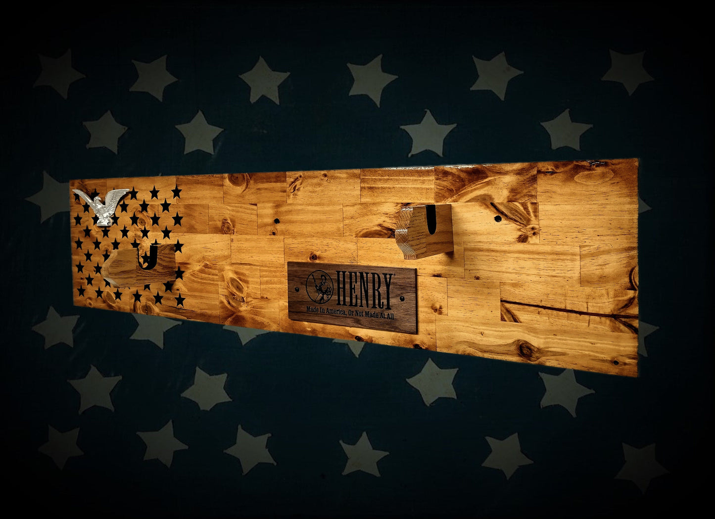 Walker Wood Gifts Traditional 50 Black Star Lever Action Silver Eagle Henry Gun Rack Display Rifle Knotty Pine Cabin Décor Collectors Gift