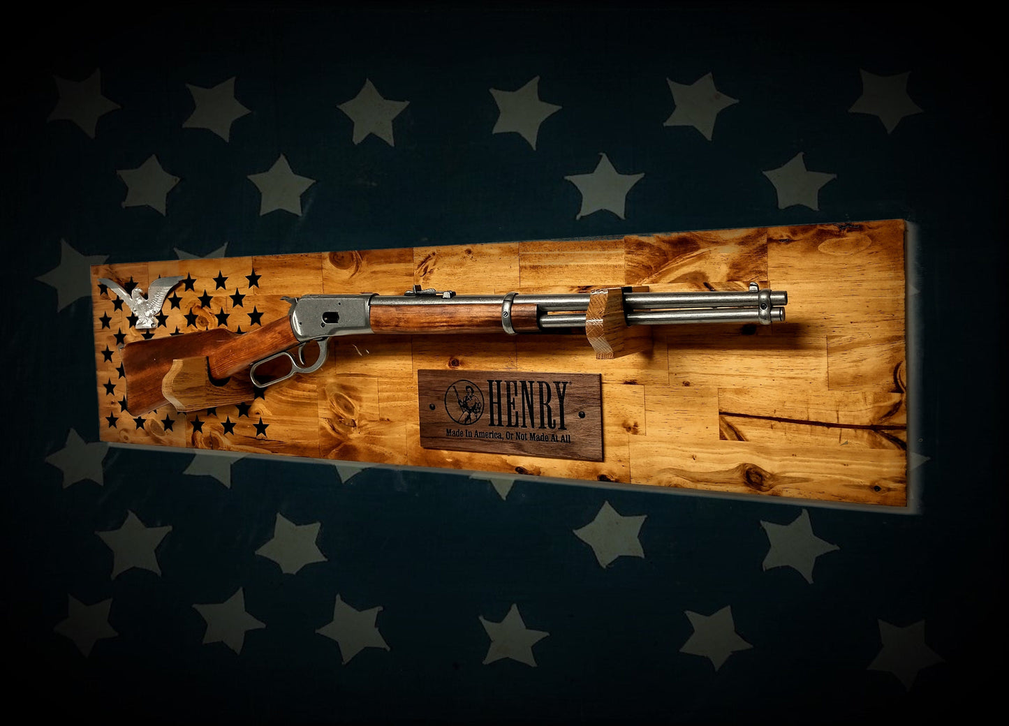 Walker Wood Gifts Traditional 50 Black Star Lever Action Silver Eagle Henry Gun Rack Display Rifle Knotty Pine Cabin Décor Collectors Gift