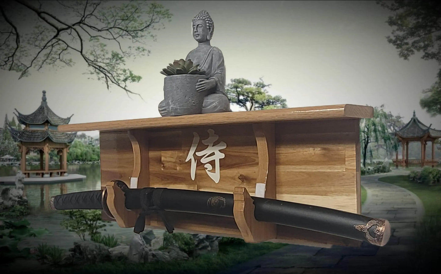 Walker Wood Gifts Traditional Cabin Acacia Wall Shelf Display Samurai Wakizashi or Tanto Dojo Collectors Gift