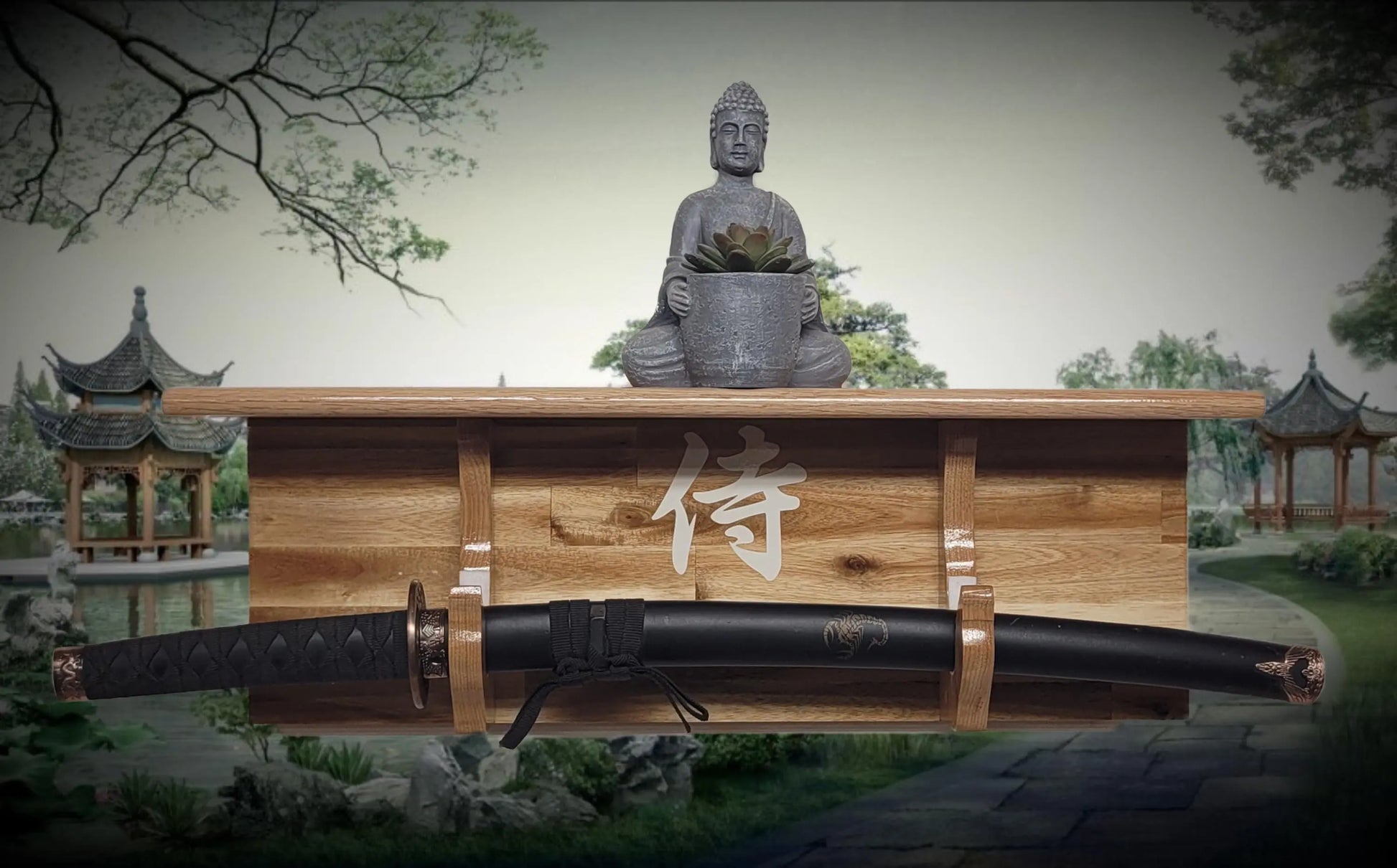 Walker Wood Gifts Traditional Cabin Acacia Wall Shelf Display Samurai Wakizashi or Tanto Dojo Collectors Gift