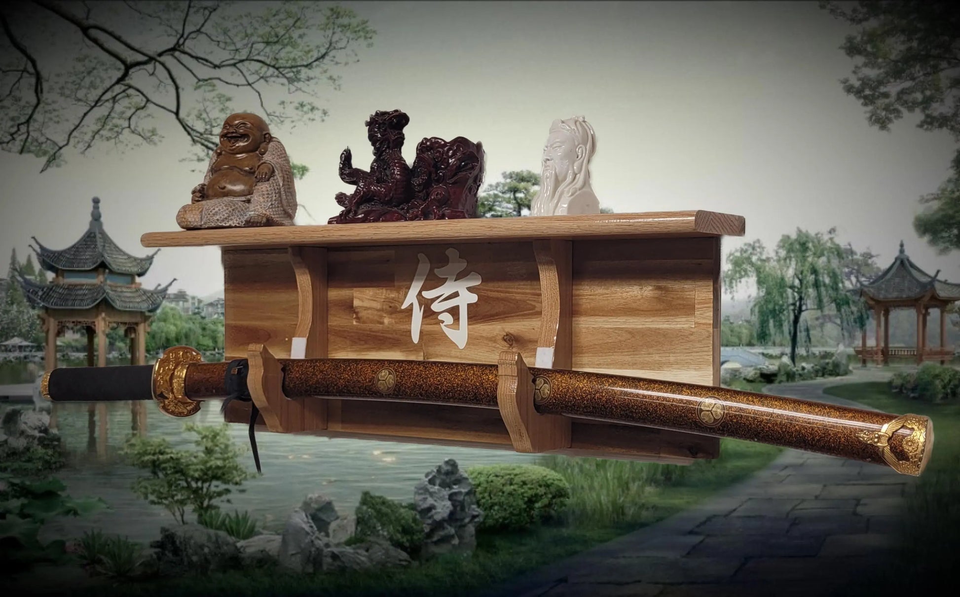 Walker Wood Gifts Traditional Cabin Acacia Wall Shelf Display Samurai Wakizashi or Tanto Dojo Collectors Gift