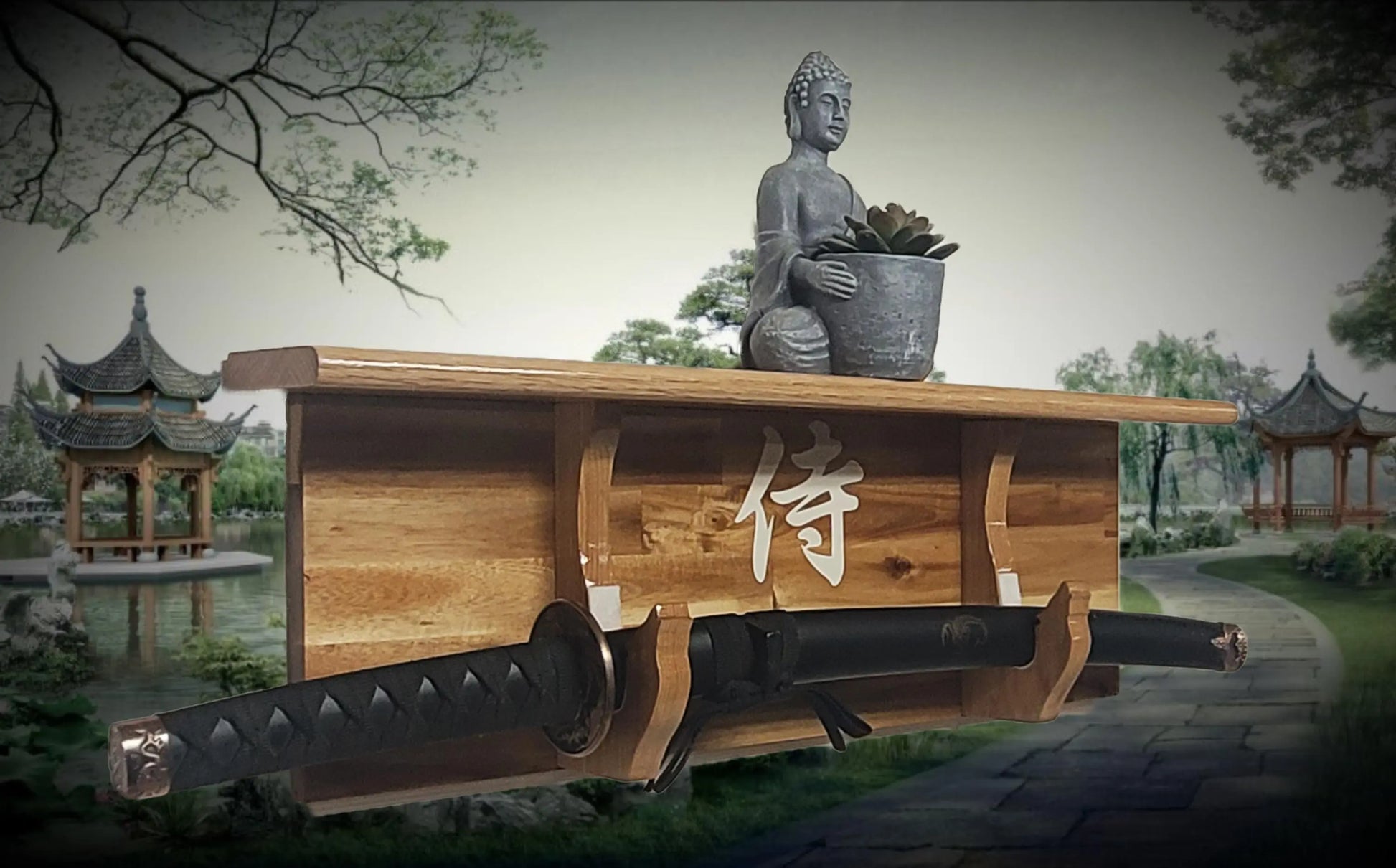 Walker Wood Gifts Traditional Cabin Acacia Wall Shelf Display Samurai Wakizashi or Tanto Dojo Collectors Gift
